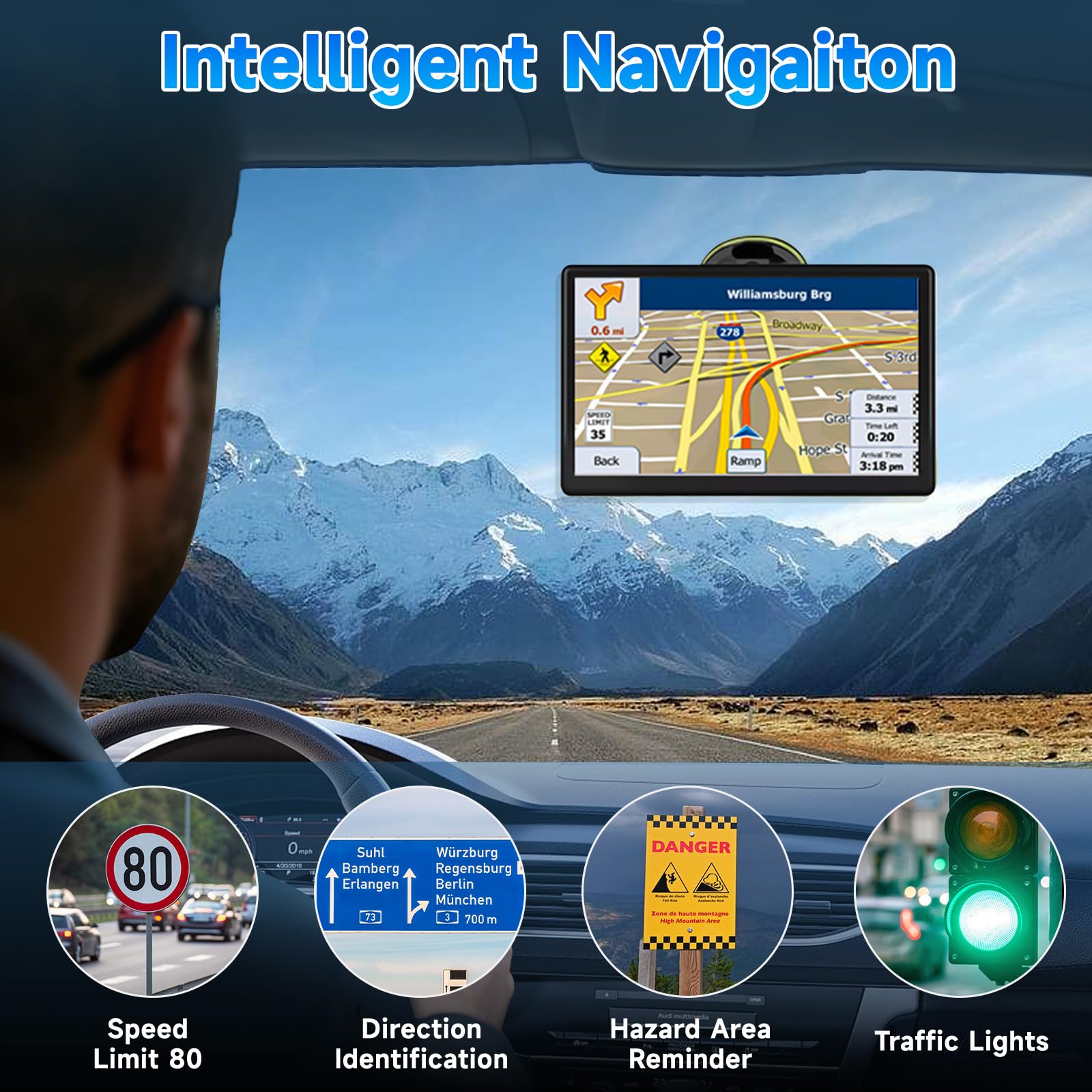 7 inch Sat Nav, Car GPS Navigation System for Trucks, with UK and Europe Maps, Lifetime Free Updates, Support Postcode Search and Voice Guidance, Speed Camera Alert, Lane Guidance Assist, POI — view 3