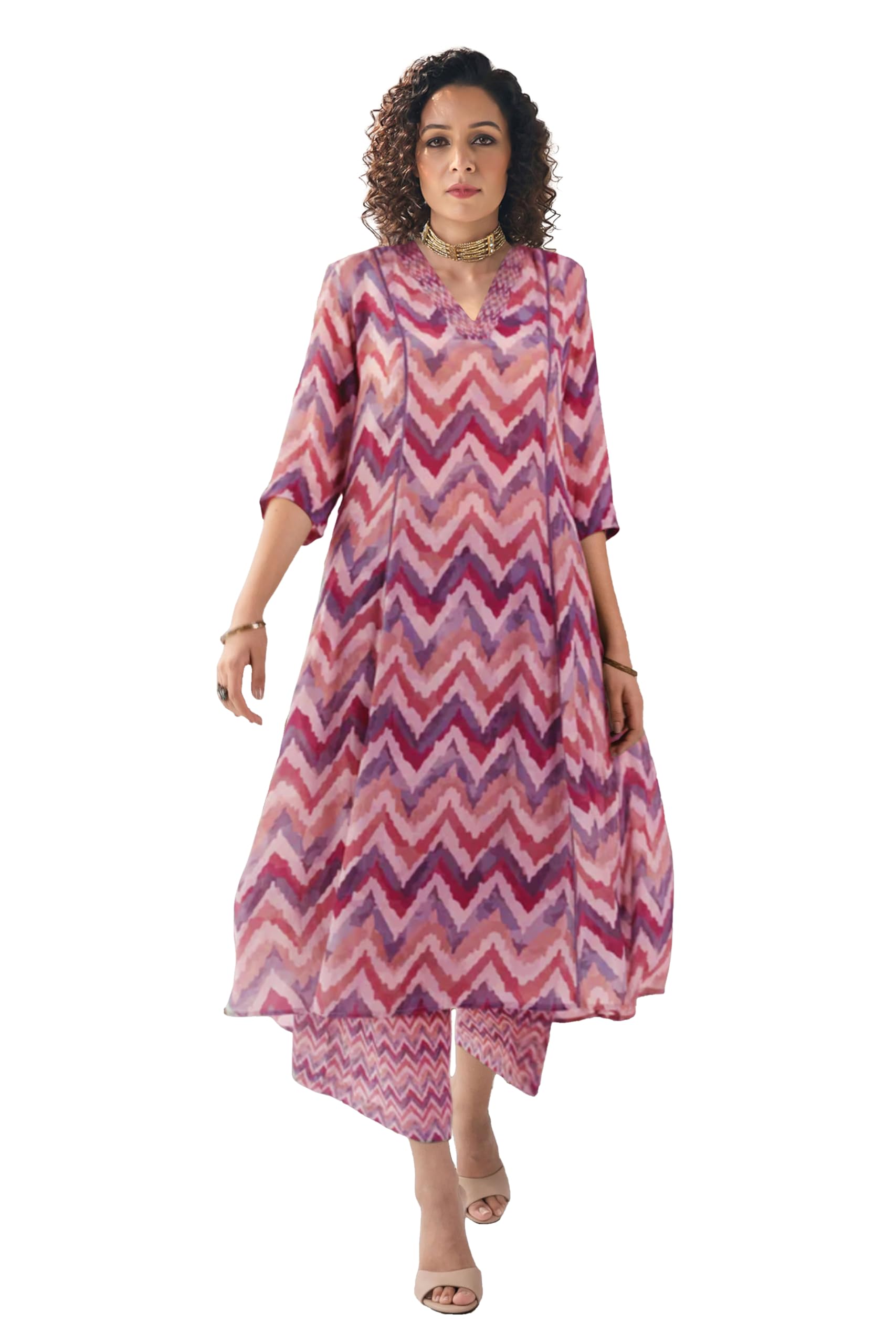 Toochki Dress For Women | Two Piece Dress For Women Long | Dress | Maxi Dress For Women | Dresses | Zig Zag Printed Dress | Cotton Dress For Women | Flared Dress | Dress With Palazzo For Womens Peach