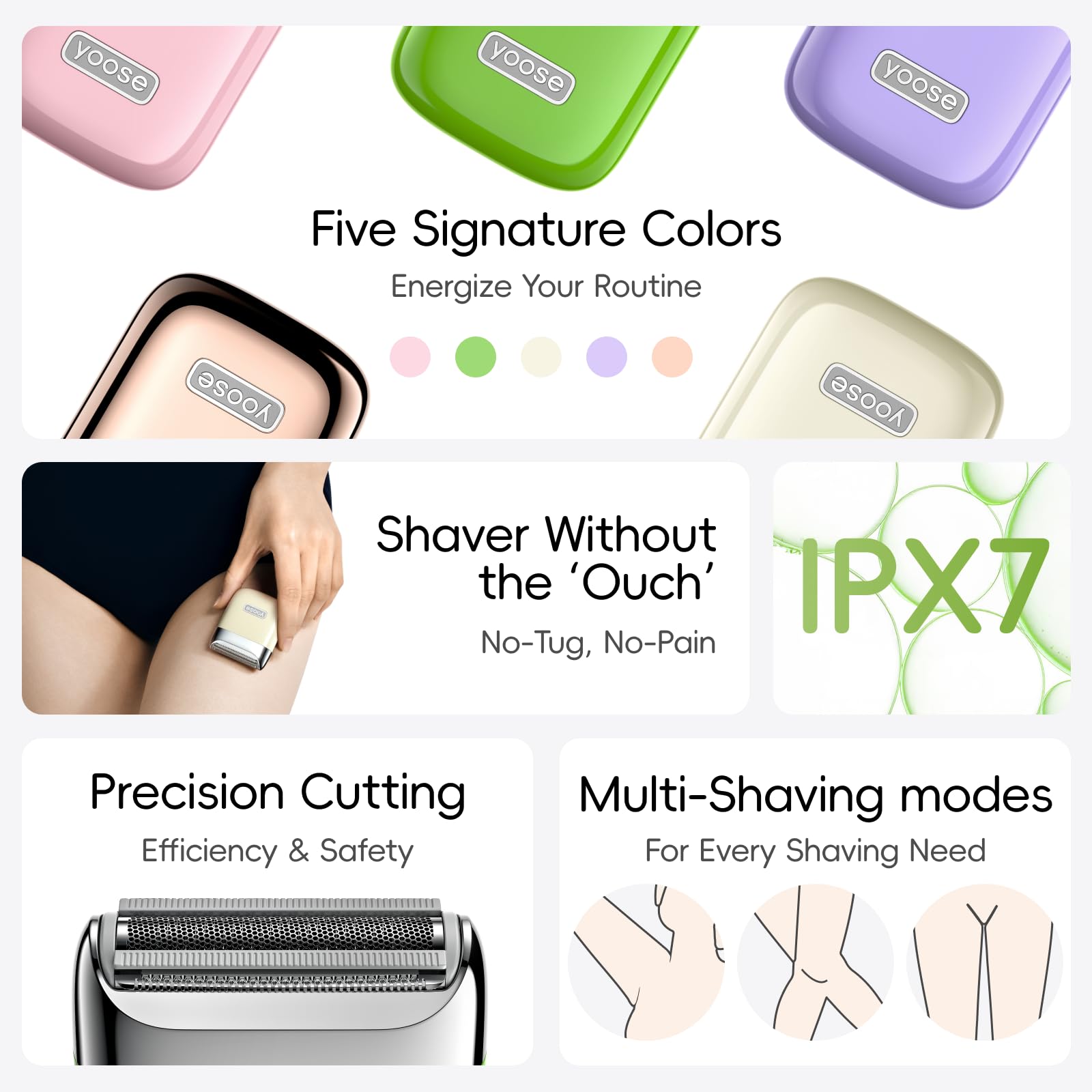 yoose Rasoi elettrici da donna, IPX7, in lega, per bikini, per donne (USB-C, pettine trimmer, modalità multi rasatura), formato portatile, verde cyber