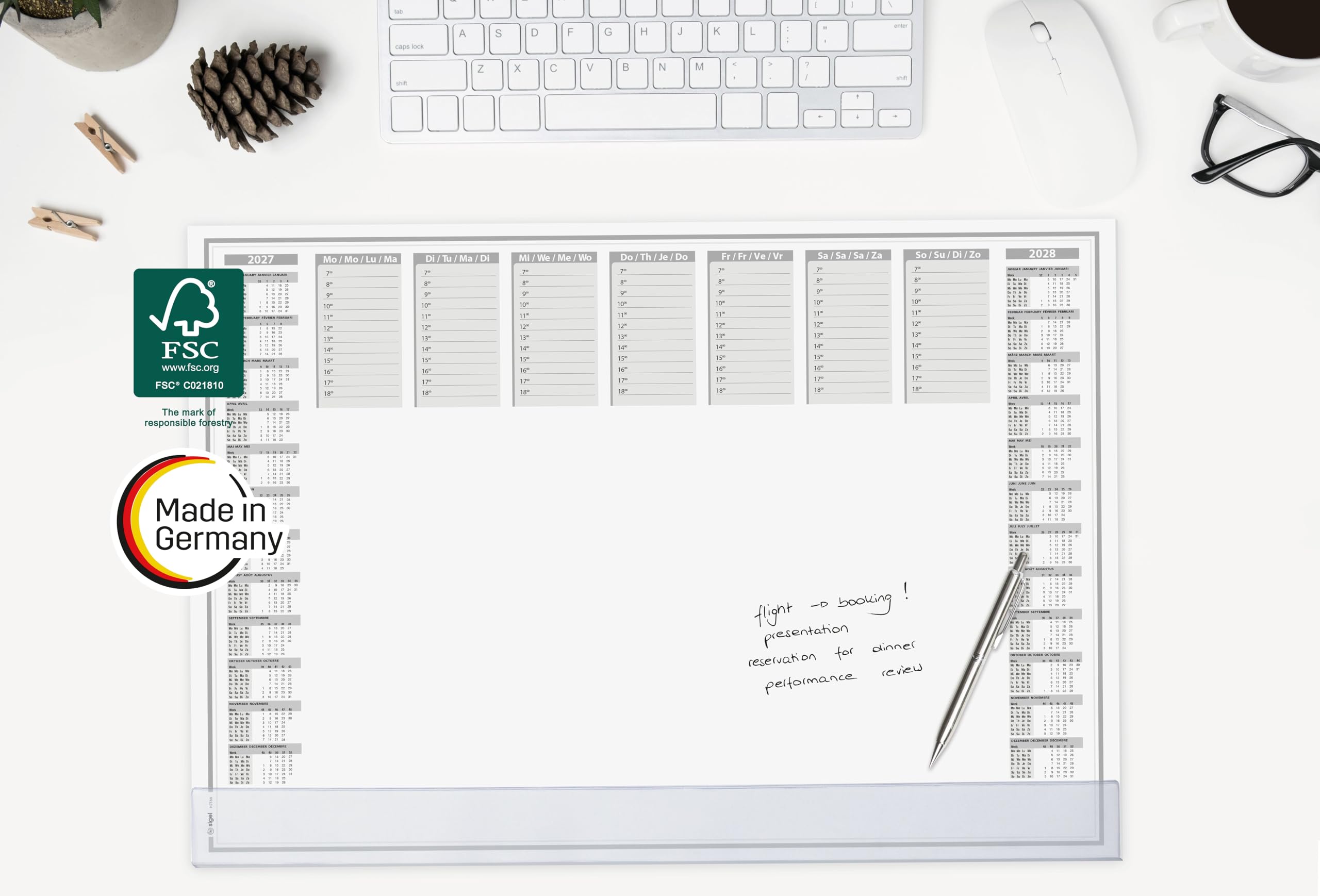 SIGEL Papier-Schreibtischunterlage DIN A2 Kalender 2027-2028 5er Set | H7366/5, Transparente Schutzleiste, 40 Blatt je Block mit Kantenschutz