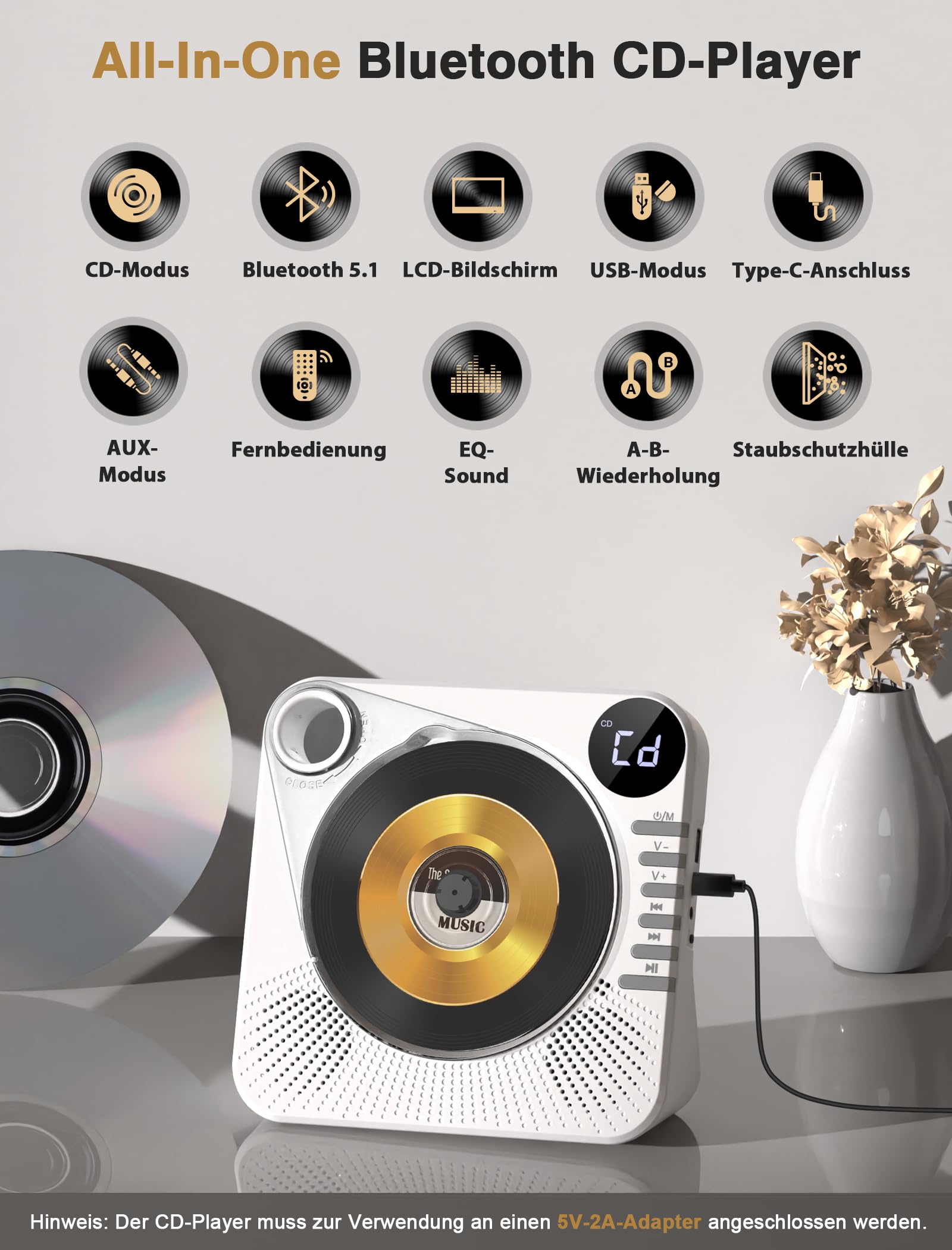 Greadio Lettore CD portatile con Bluetooth 5.1, lettore CD per bambini con altoparlante, telecomando, suono HiFi, protezione dalla polvere, riproduzione AUX/USB, lettore CD portatile per la casa