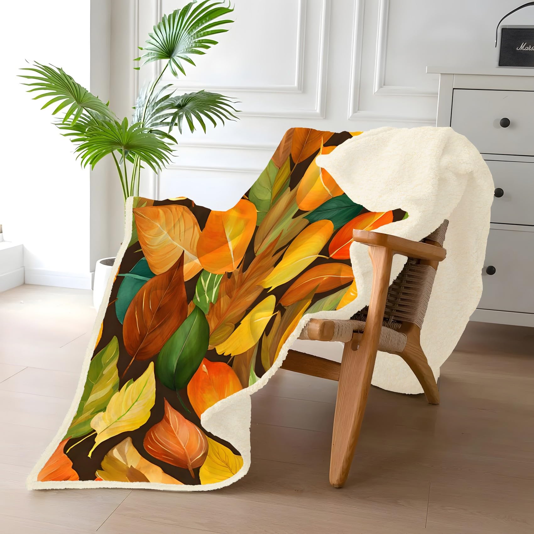 Gelbgrüne Blätter Sherpa Decke 130x170 cm – Warme & flauschig, Brown Kuscheldecke für Kinderzimmer, Sofa oder als Bein-Decke, Weiche Wohndecke zum Relaxen