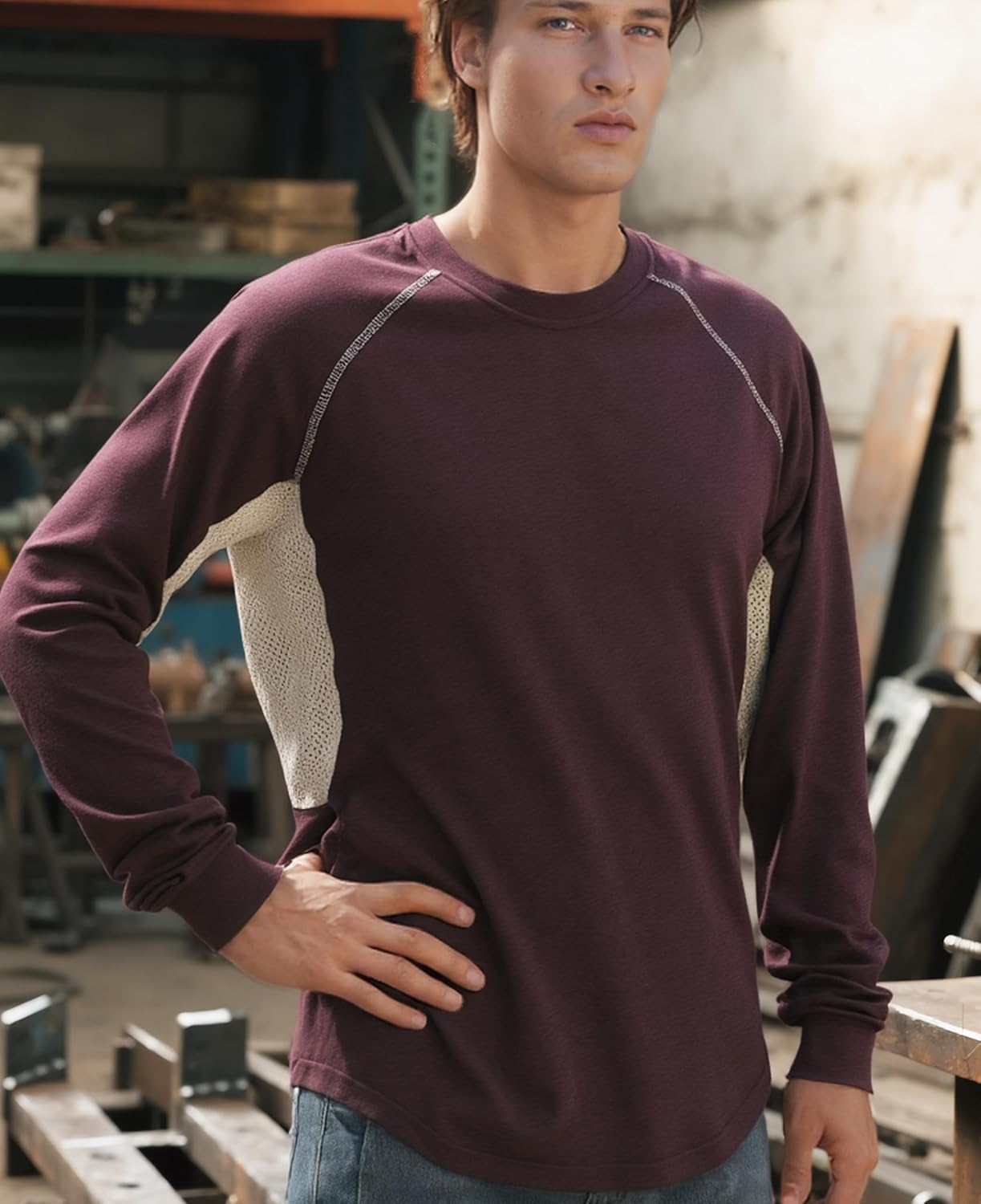 BOCOMAL FR Shirts for Summer Vented Mesh Loose Fit 4oz EX Lightweight Flame Resistant Base Layer CAT1 Crew Shirt