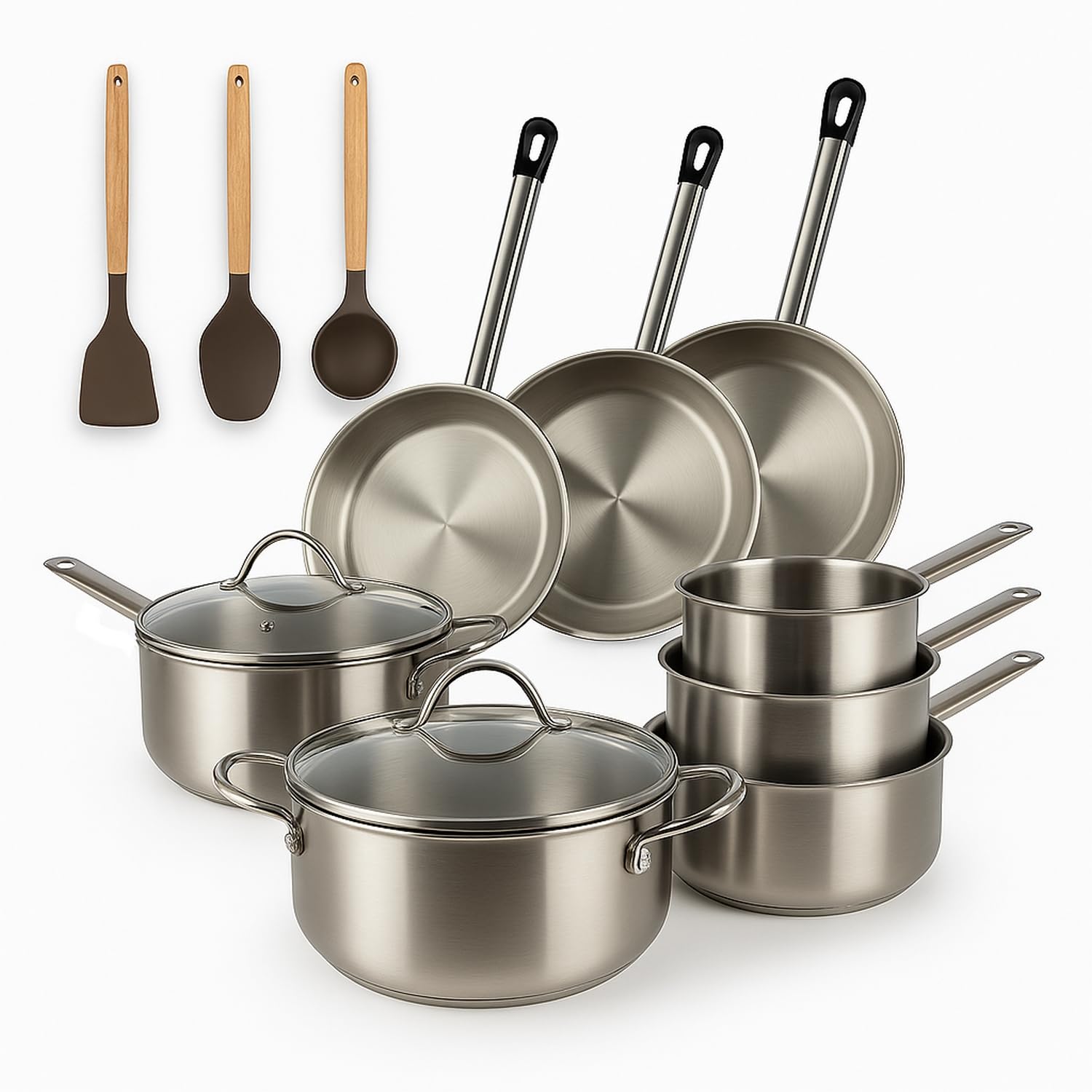 MENASTYL - Batterie de cuisine inox 11 pièces tous feux dont induction - Casseroles, poêles, sauteuse, marmite et ustensiles - Gamme Professionnel - Fond sandwich - Sans PFAS - 6014032