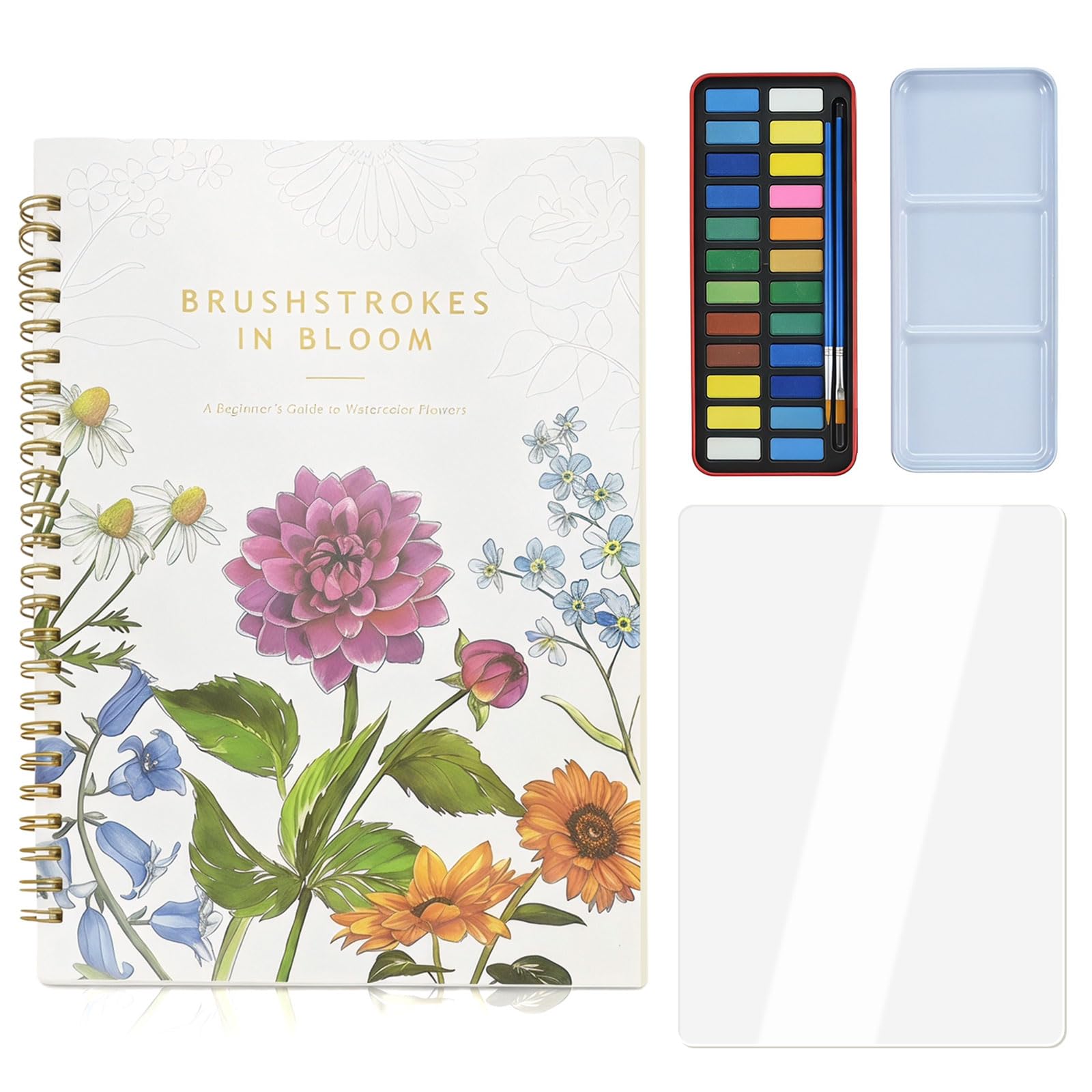 Watercolour Workbook for Adults - Water Colouring Book with 24 Vibrant Paints, 2 Brushes and Transparent A4 Writing Board, Peony Flower & Bird Watercolor Paint Set for Beginners Relaxing Creative Gift