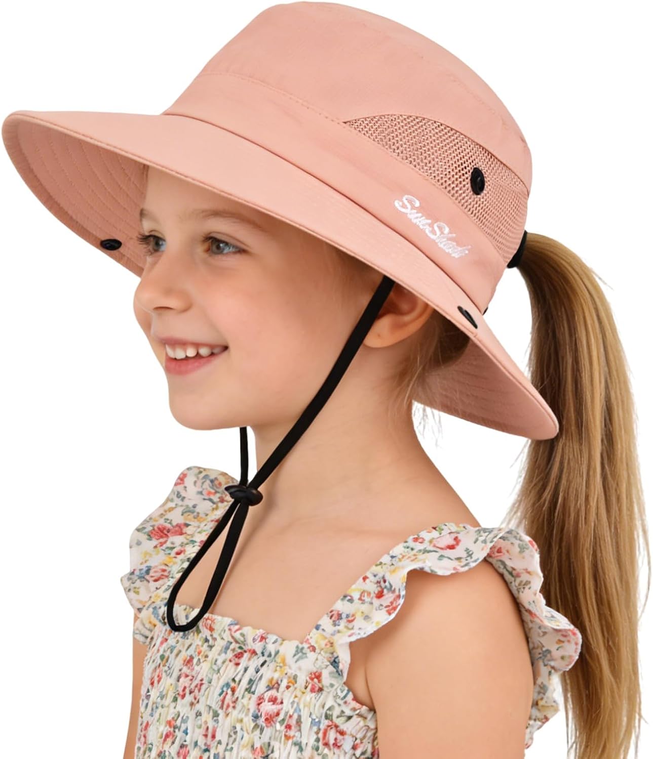 Kids Girls Ponytail Sun Hat UPF 50+ UV Protection Quick Dry Bucket Cap Adjustable Foldable Mesh for Beach Fishing Outdoor