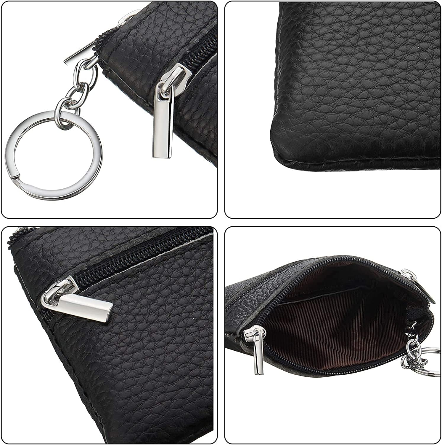 Super Mini Leather Coin Purses Pouches, Double Zip Purse Pouch Change Wallet with Key Ring for Women Men Kids (Black)