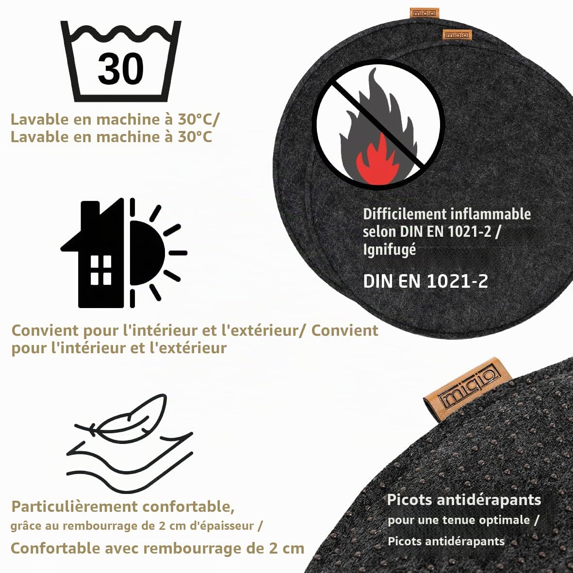 Miqio Design Coussins d'assise Ronds en Feutre ø35 cm | Lot de 4 | Coussins de Chaise lavables antidérapants | Coussins de Jardin et de Banc Confortables
