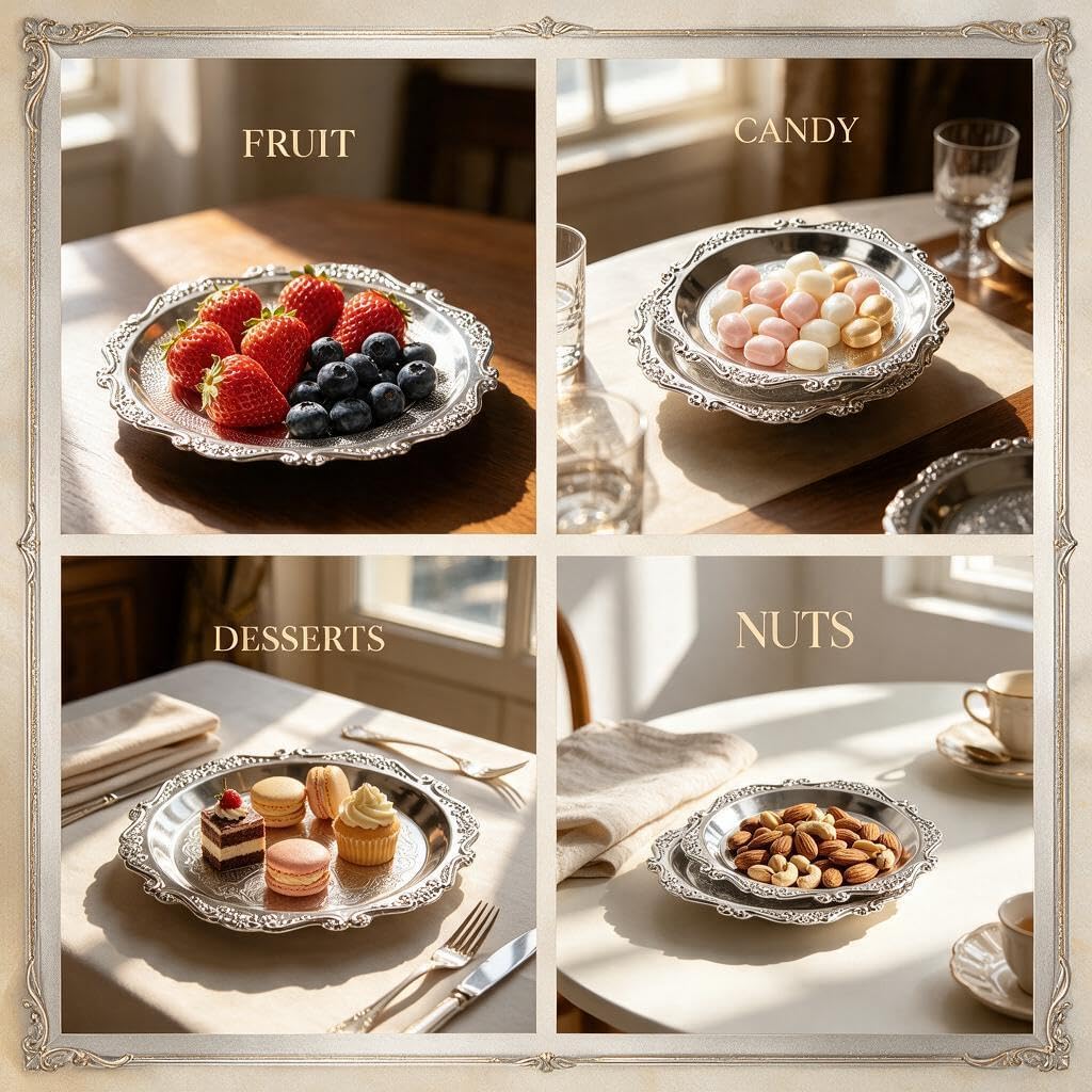 6PCS 3.93 Round Silver Tray, Vintage Metal Dessert Snack Serving Platter