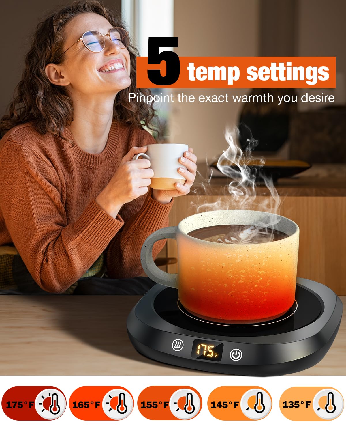 Coffee Warmer, New 4.4-in Heating Surface, 5 Temp Settings Auto Shutoff Cup Warmer Lcd Display Precise Temperature Time Control Ideal Mug Coffee Milk C