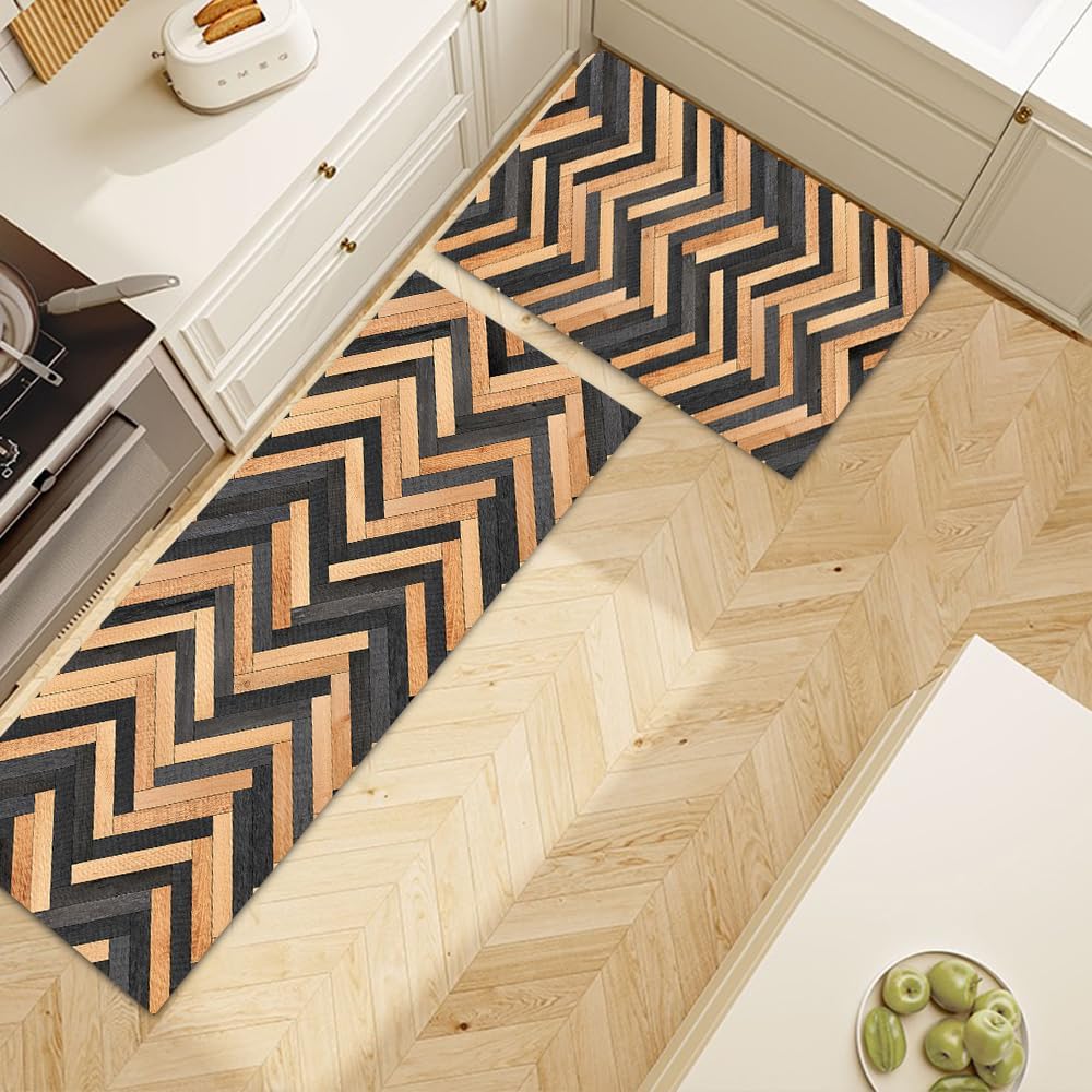 GUBIYU Kitchen Mat Sets - 3 Piece Water Absorbent Floor Rugs with Wood Print, Non Slip Entrance Runner, Farmhouse Laundry Throw Mats - Machine Washable Carpet Set for Indoor/Balcony