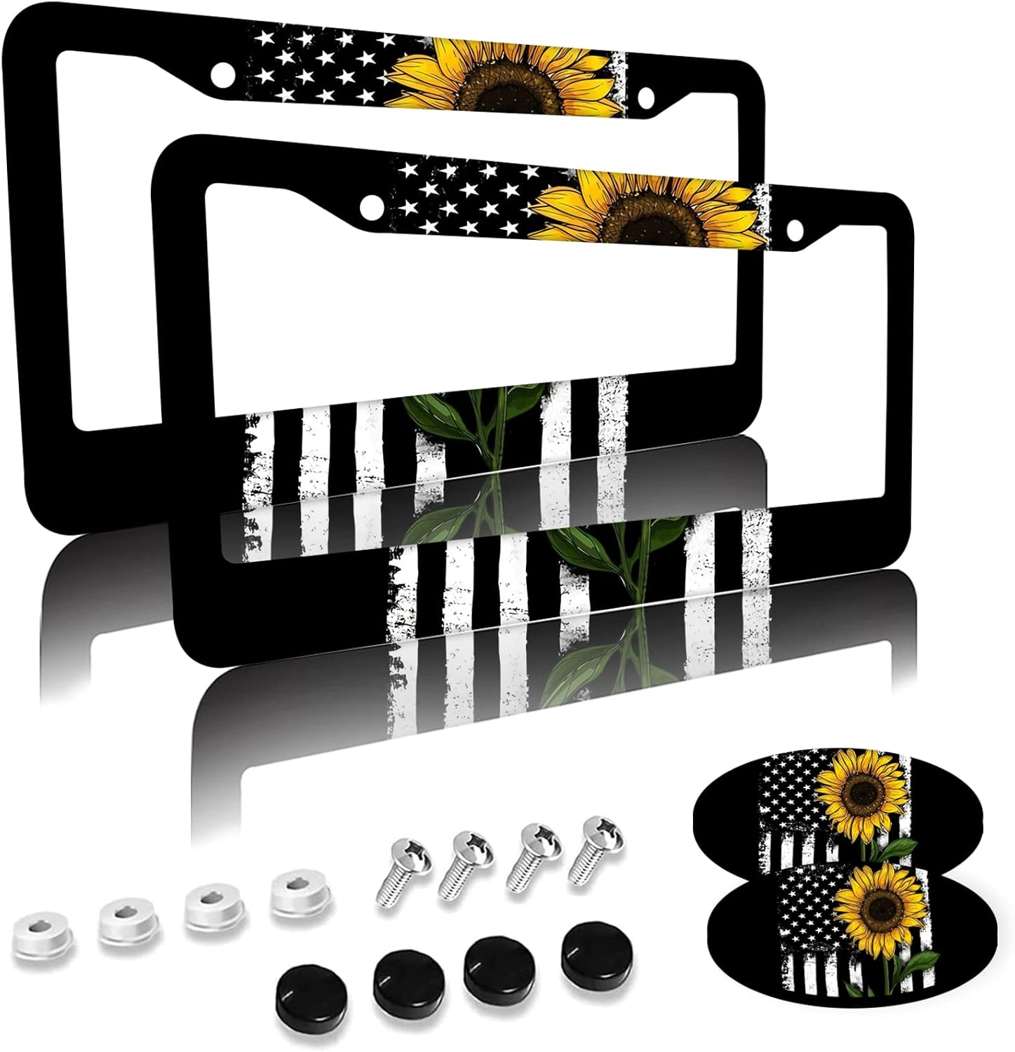American Flag Sunflower Flower License Plate Frames 2 Pack 2 Holes Aluminum License Plate Cover with 2 Pcs Car Coasters and Screw and Black Screw Caps for Girl Women Men Gifts
