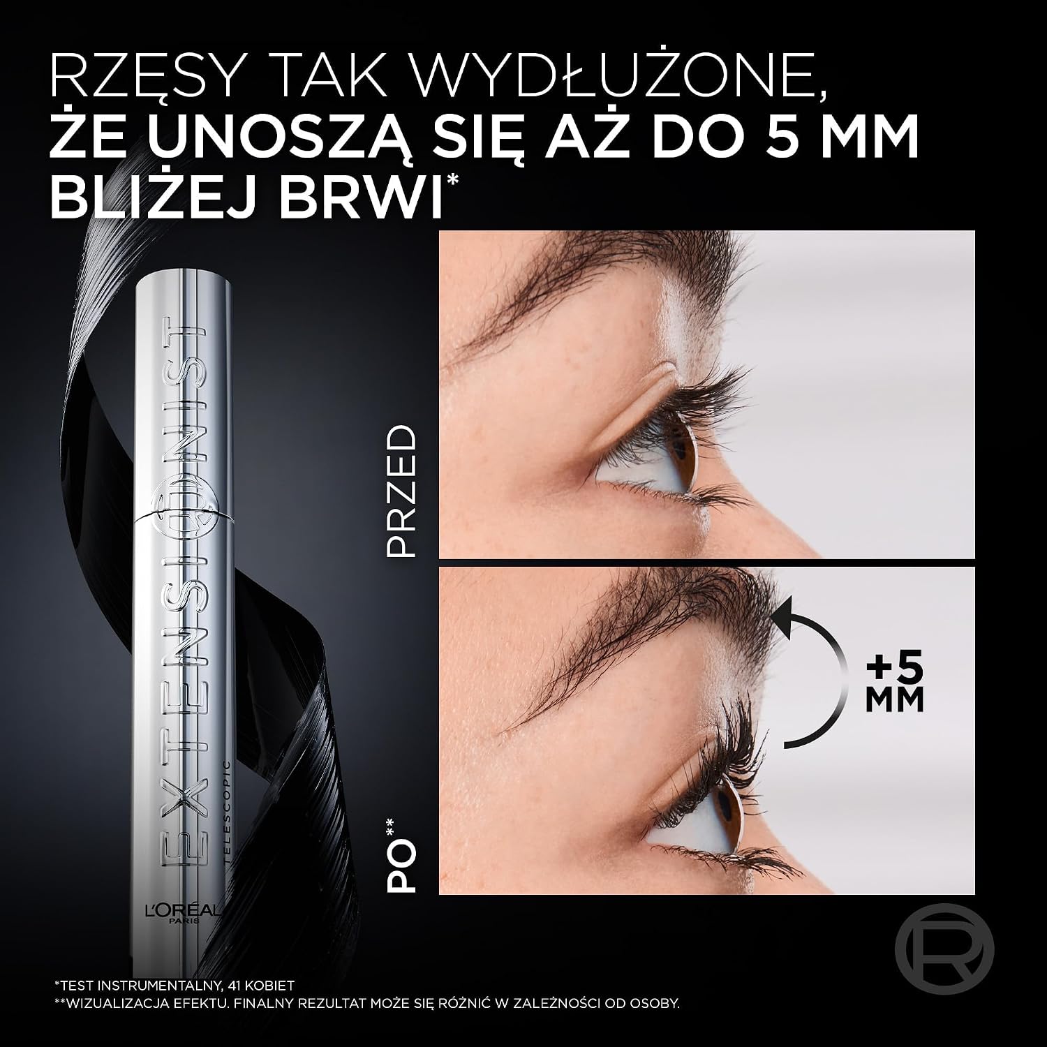 L'Oreal Paris Extensionist Mascara — тушь для ресниц, удлиняющая, обеспечивает длинные и выразительные ресницы до 24 часов, формула с удлиняющими волокнами и магнитными пигментами, черная, 9,9 мл