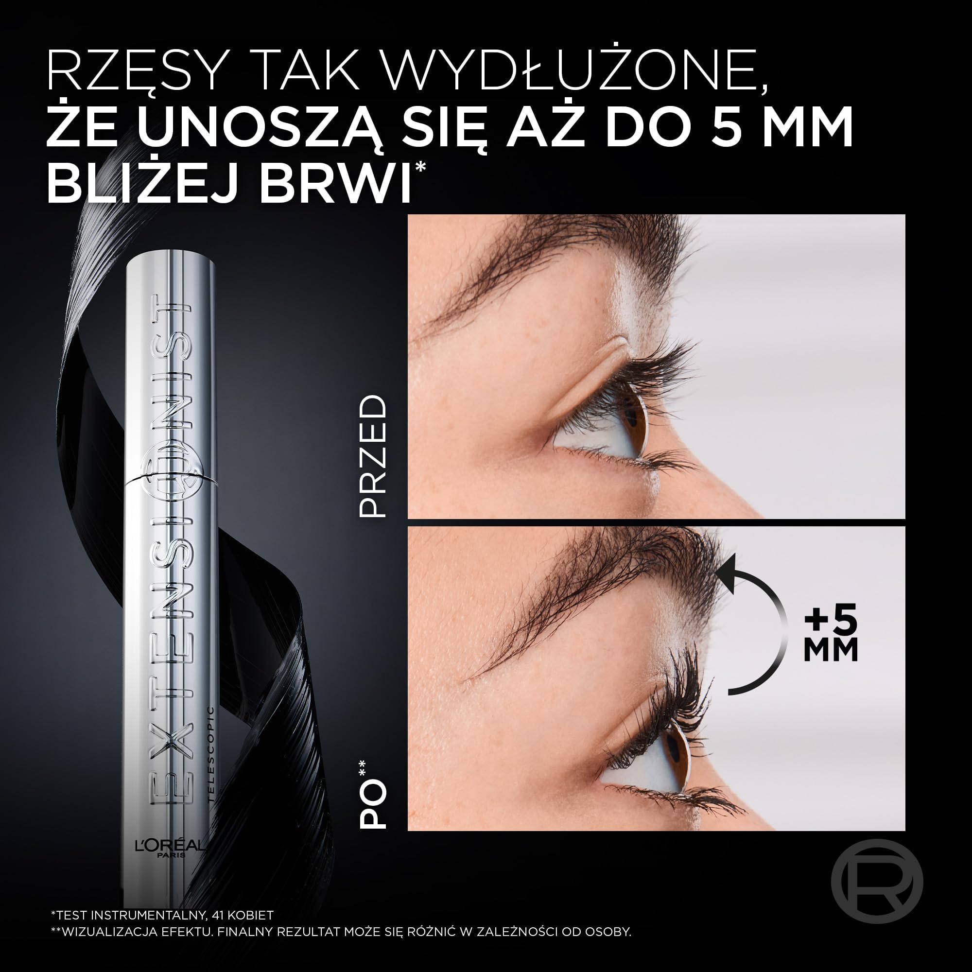 L'Oreal Paris Extensionist Mascara tusz do rzęs, wydłużajacy, długie i zdefiniowane rzęsy do 24H, formuła z wydłużającymi włóknami i pigmentami magnetycznymi, czarna, 9,9 ml
