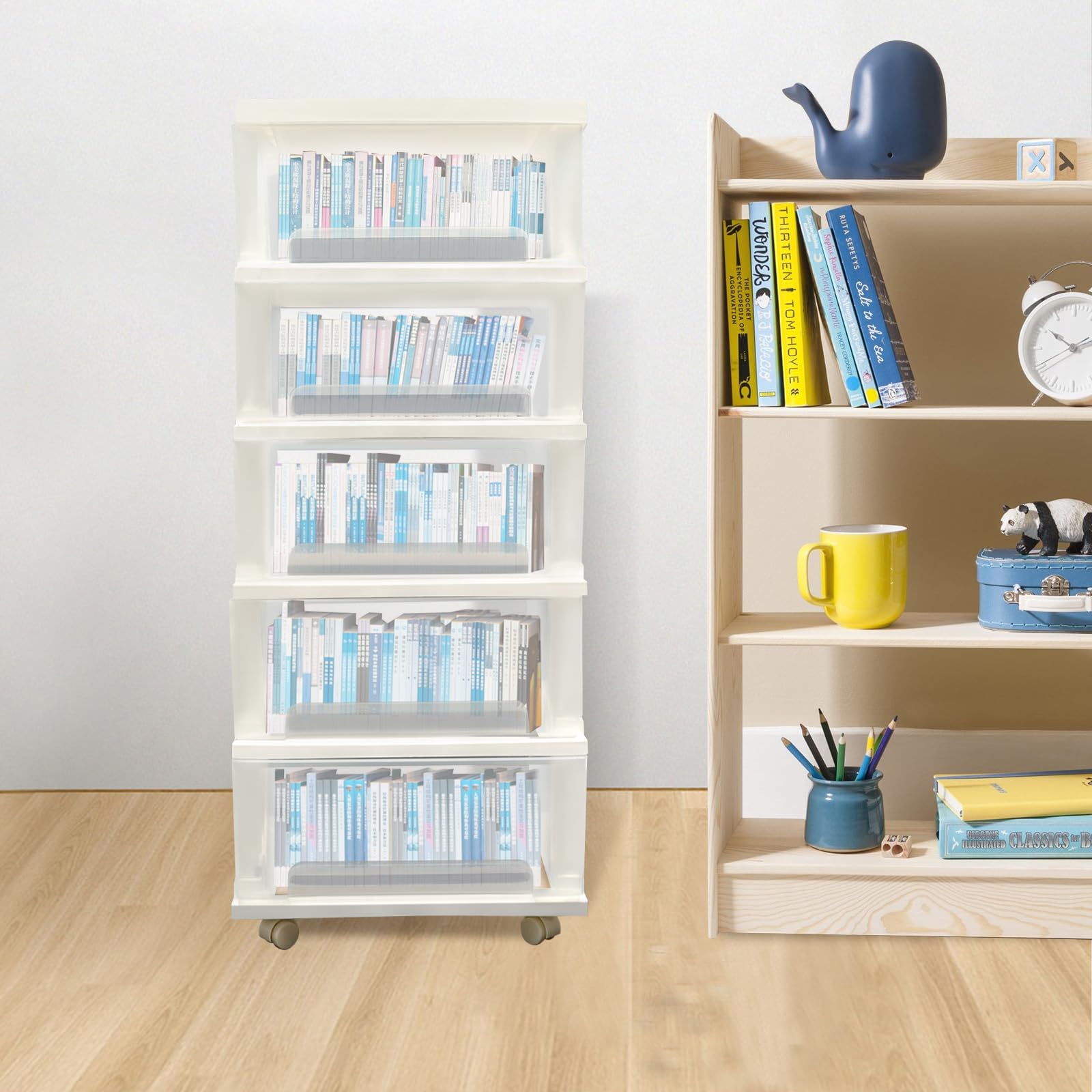 Cassettiera in plastica a 5 ripiani, con 4 ruote, organizer per cassetti, per ufficio, scuola, cancelleria, carta A4, libri di testo, gioielli, cosmetici, bianco, 40 x 33 x 98 cm