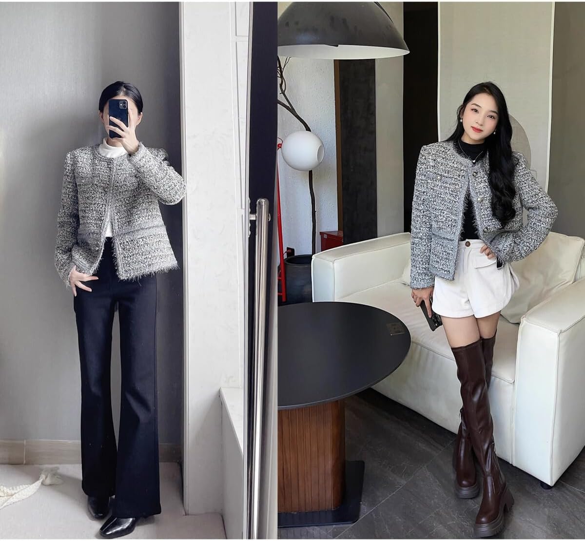 Women's Tweed Cropped Blazers Round Neck Long Sleeve Short Jacket Trendy Fall Winter Casual Button Down Tops Jackets - Image 7