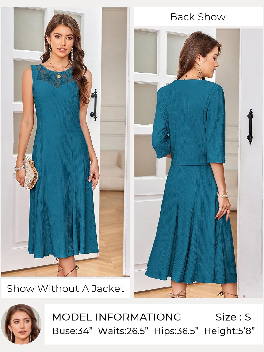 GRACE KARIN Mother of The Bride Dress - Wedding Guest Formal Evening Dress - Lace Sequins Midi Dress with Jacket