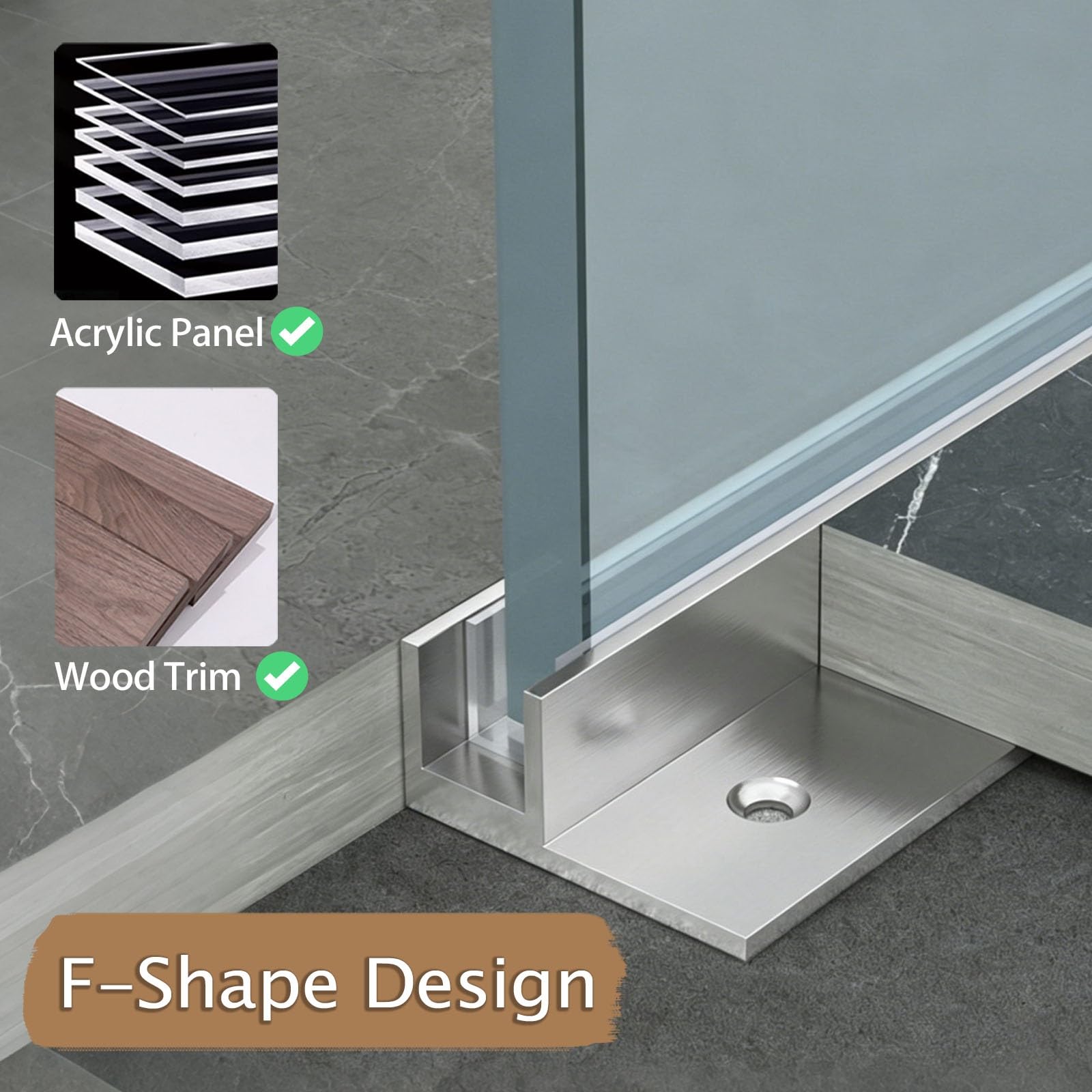 Bordure de porte de douche en verre sans cadre, en forme de F, bande à rainure fixe en acier inoxydable avec coussinets intégrés, s'adapte aux feuilles de 1,6 cm, 0,9 cm, 1,27 cm, durable et facile à