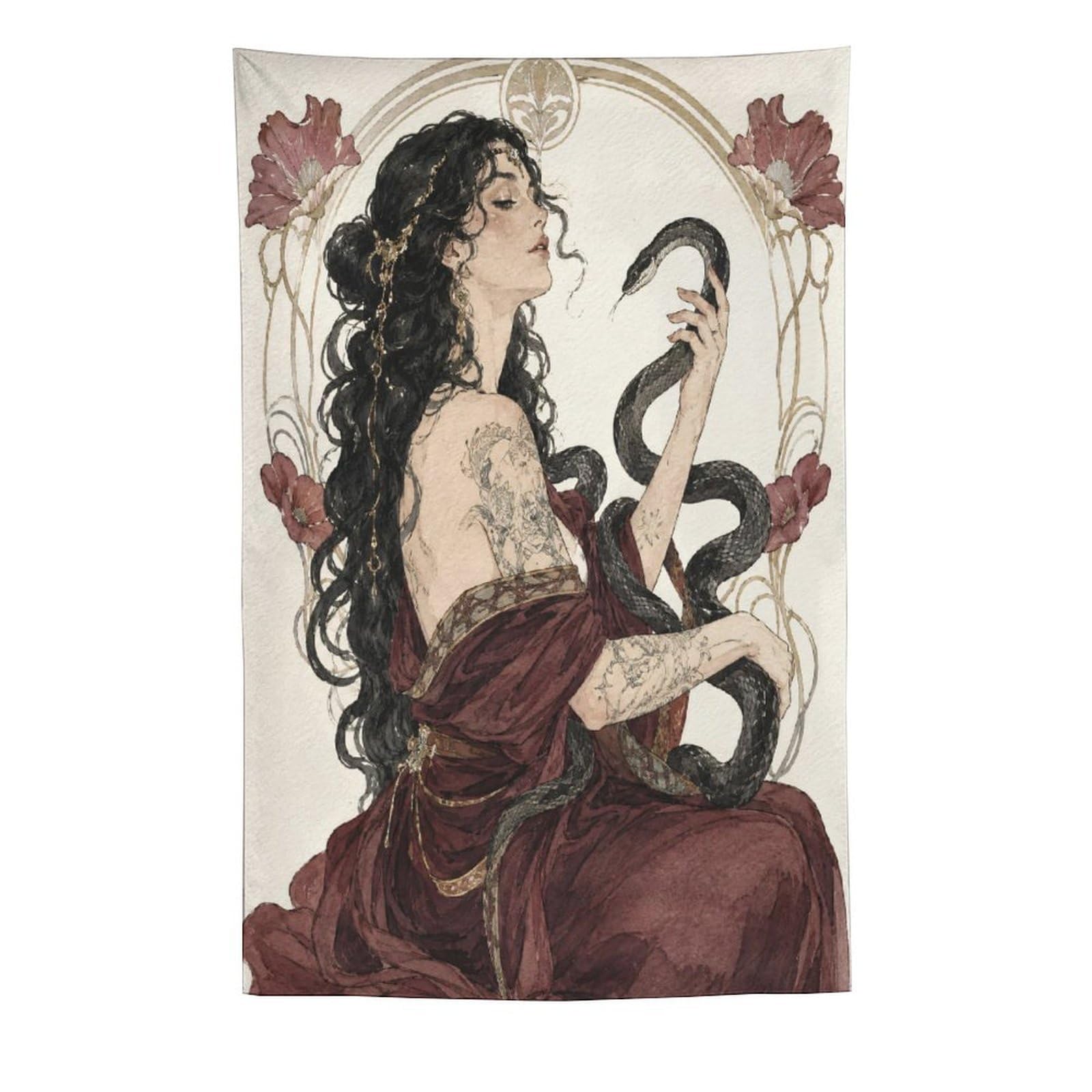 W7C8U2X3 Snake Goddess with Black Serpents Wall Tapestry, Dark Botanical
