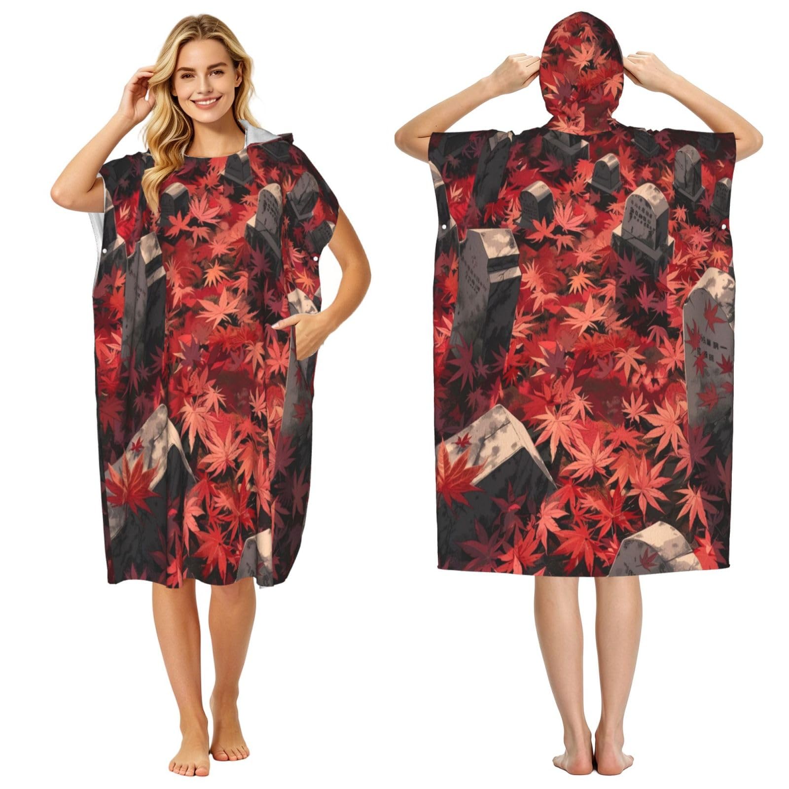 DTHKJNLSF Red Leaves Adult Hooded Beach Poncho Towel