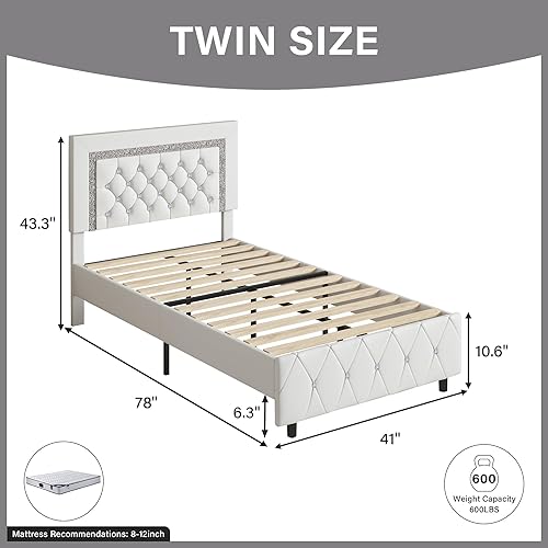 Miniatura 73 de BarnFurin - Base de cama matrimonial con cabecera capitoné, plataforma tapizada con diseño de diamante, base de colchón, soporte de listones de