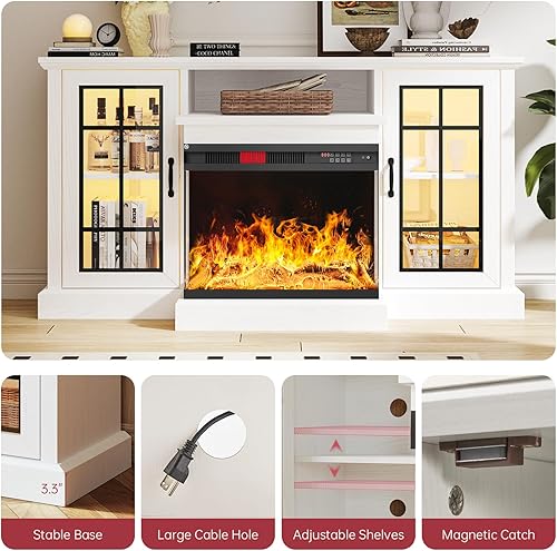 Miniatura 4 de oneinmil - Soporte de TV de hasta 65 pulgadas con chimenea de 59 pulgadas, centro de entretenimiento con puertas de vidrio en 3 lados llama LED