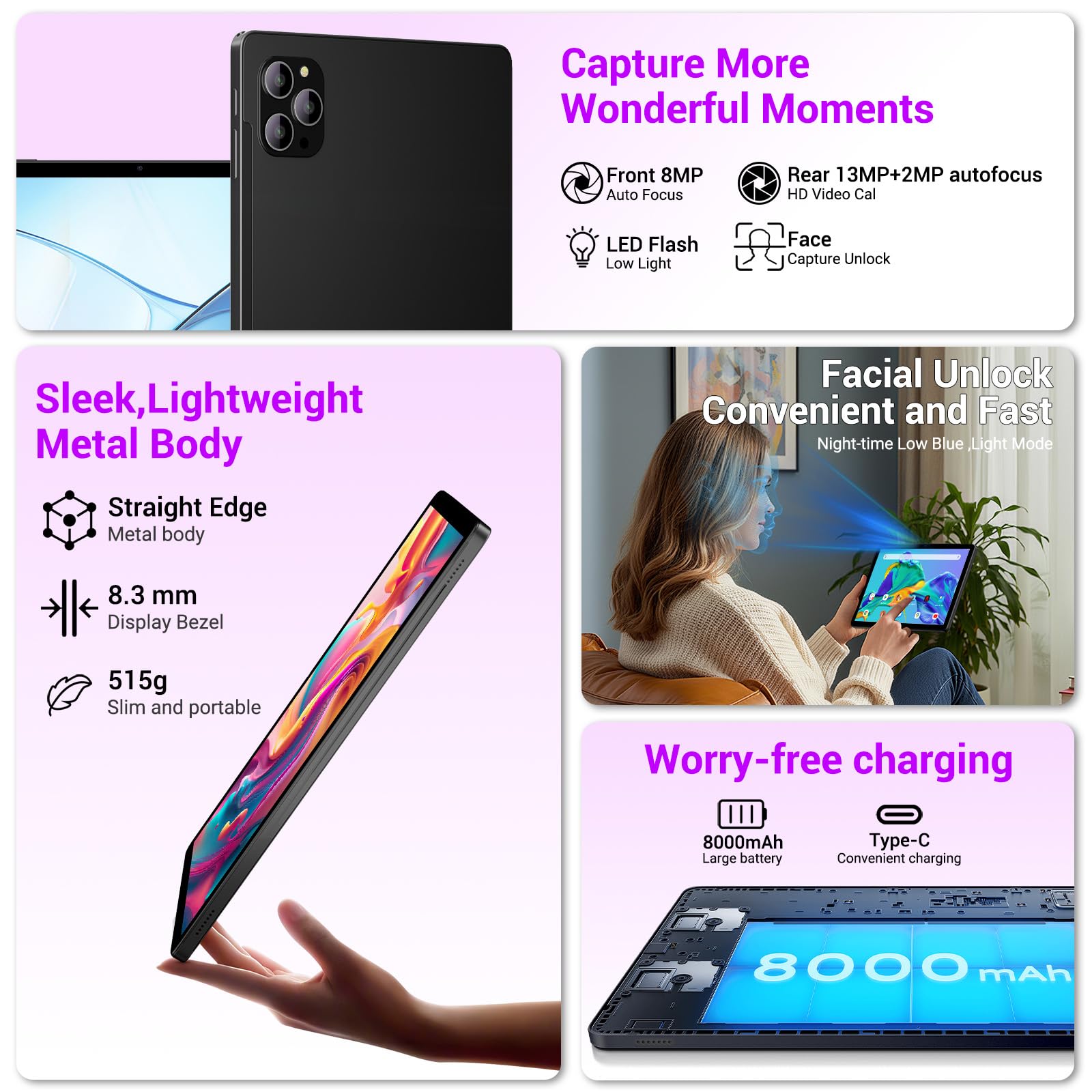 BEYNIVAN Tablet 11 Pollici Android 15 Tablet in Offerta con 4G LTE/5G WiFi, 36GB RAM+256GB ROM+2TB Espansione,9580mAh,Foto AI16MP+8MP,Face ID/GPS/BT 5.0/TÜV,tablets con Tastiera,Nero