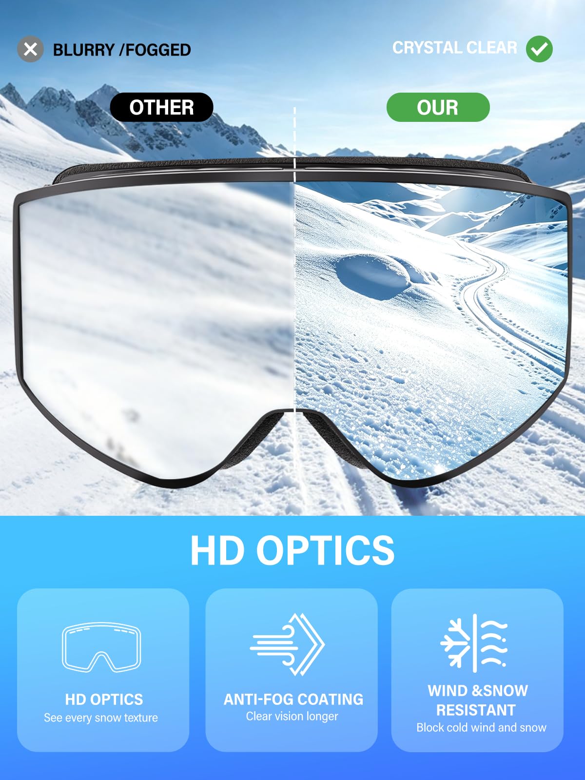 Lunettes de ski pour homme et femme, verres double couche, anti-buée et anti-rayures, protection à 100 % UV, lunettes de planche à neige pour adultes et jeunes, motoneige, parachutisme