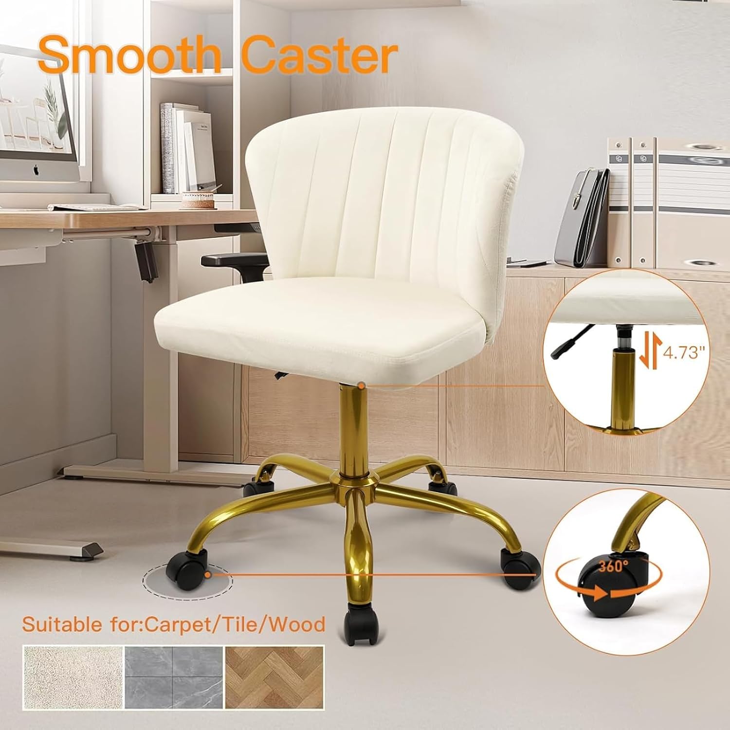 CLATINA Velvet Home Desk Chair with Gold Base Wheels, Adjustable Height Upholstered Comfortable Ergonomic Armless Modern Vanity Chairs, Swivel Task Chair for Study Dressing Bedroom Living Room, White
