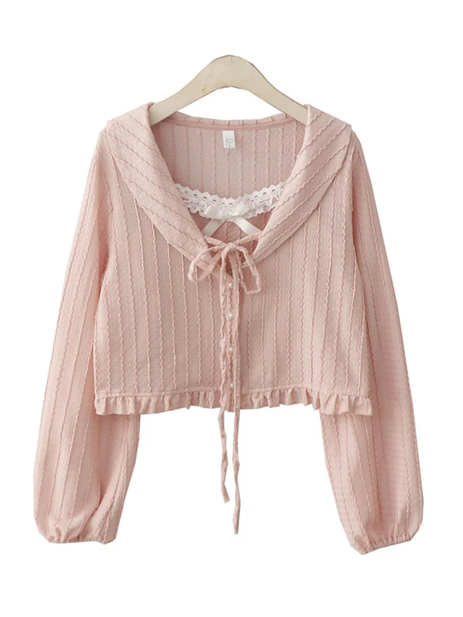 Frauen Koreanische Mode Zwei Stücke Set Französisch Vintage Lange Ärmel Einfarbig Mori Mädchen Bogen Halter Top Ins Straße Nette