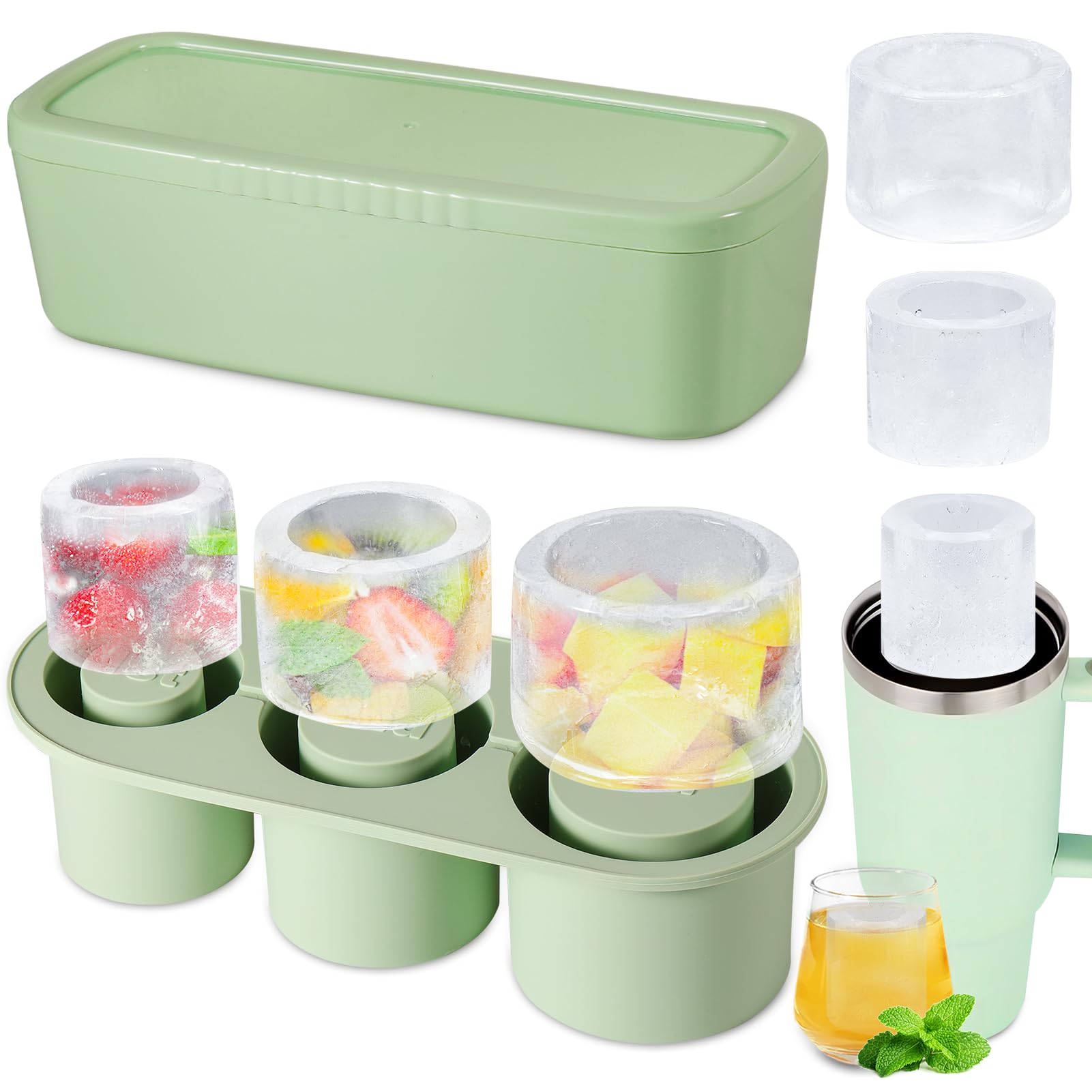Ice Cube Tray for 30-40 oz Tumbler Cup,3 Sizes Silicone Ice Cube Molds With Lid and Bin for Chilling Cocktails, Whiskey, Drinks, Coffee, Easy Fill and Release Ice Maker (Green)