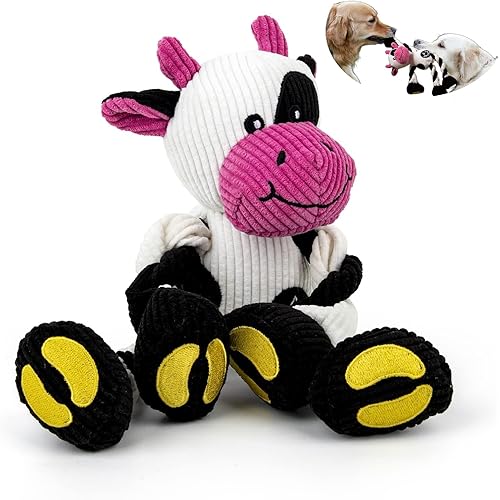 Squeaky Dog Toys - Cute Cow Shape Stuffed Plush Toy for Small, Middle, and Large Breed Dogs - Durable Dog Chew and Teething Toys -Tough Plush Toys for Cats