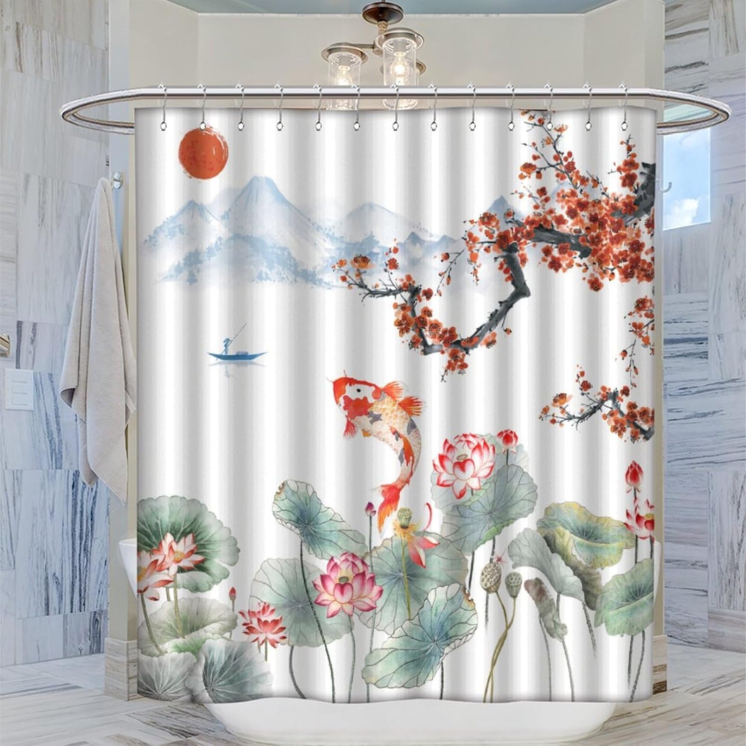 Japanese Koi Fish Shower Curtain,Spring Nature Landscape Cherry Blossoms Floral Print Shower Curtain for Bathroom Decor Asia Oriental Theme Fabric Waterproof Upholstery Hook 72x78inch