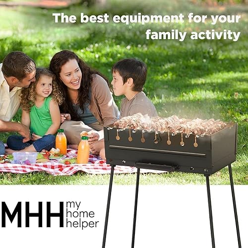 Miniatura 4 de MHH Parrilla de carbón para 8 brochetas, barbacoa portátil de 16.9 x 11.8 x 16.9 pulgadas, parrillas de campamento Kabob - Mangal de metal plegable