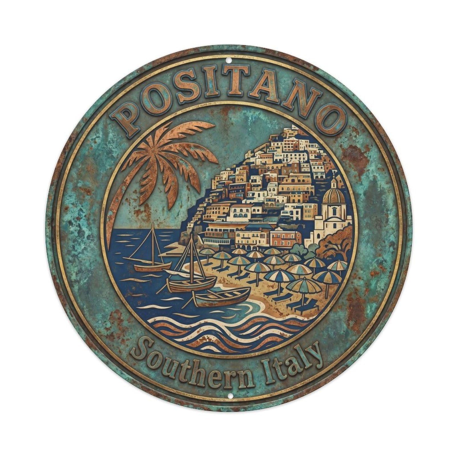 Positano Coastal Rustic Amalfi Coast Campania Travel Metal Tin Sign Plaque Wall Decor for Cafe, Man Cave, Club Bar, Office, Home Garden Round Metal Poster 8x8Inch