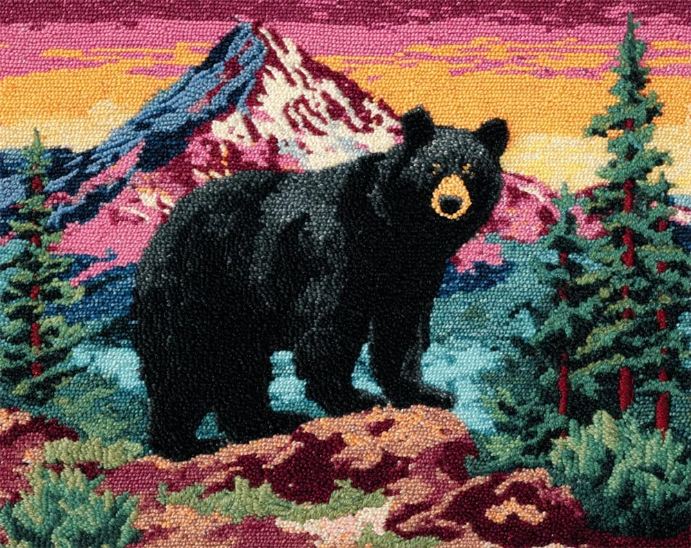 Kitquiver Latch Hook Kits for Adults Rug Black Bear On A Black Mountain DIY with Printed Canvas Crochet Yarn Handmade Embroidery Crafts Crochet for Home Decoration 21X29In
