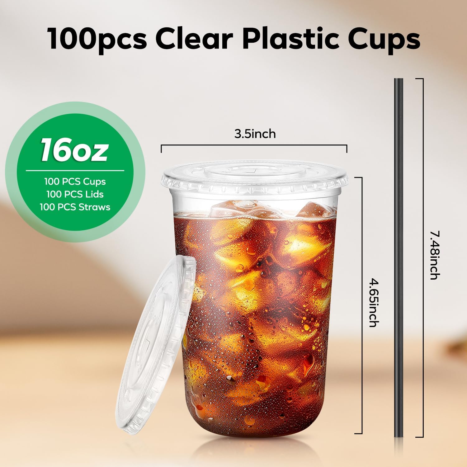 100 Pack Clear Plastic Cups with Flat Lids and Straws, 16 oz Disposable Iced Coffee To Go Cups, Plastic Smoothie Cold Drink Cup for Party, Picnic, Travel