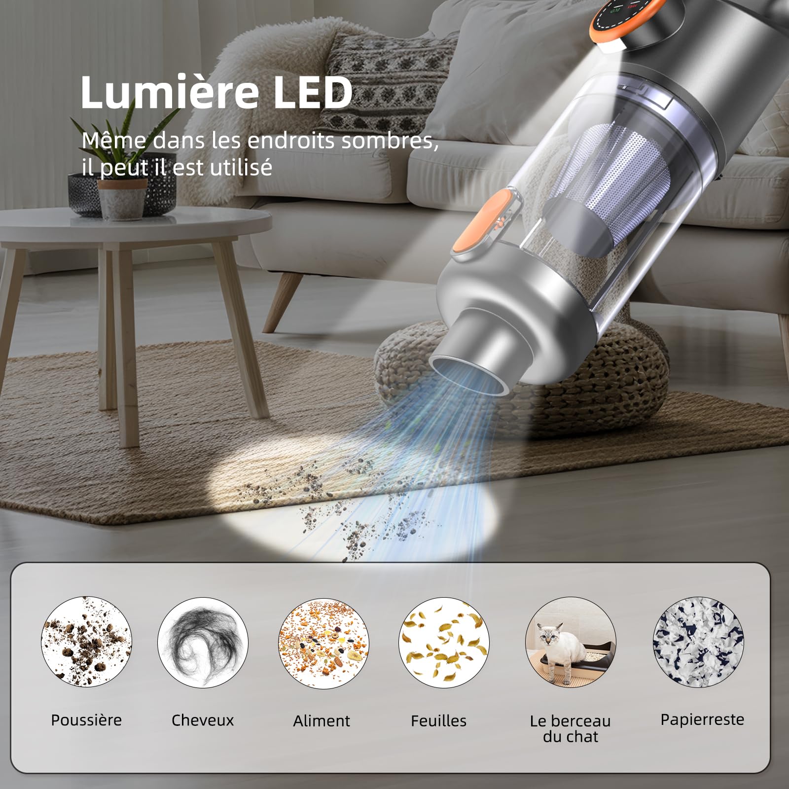 Aspirateur à Main, 26000Pa 4-in-1 Aspirateur sans Fil Puissant, Dépoussiérage par One Pression, Moteur sans Balais, écran HD et Lumière LED, Mini Aspirateur Voiture pour Maison/Bureau/Voiture, Orange