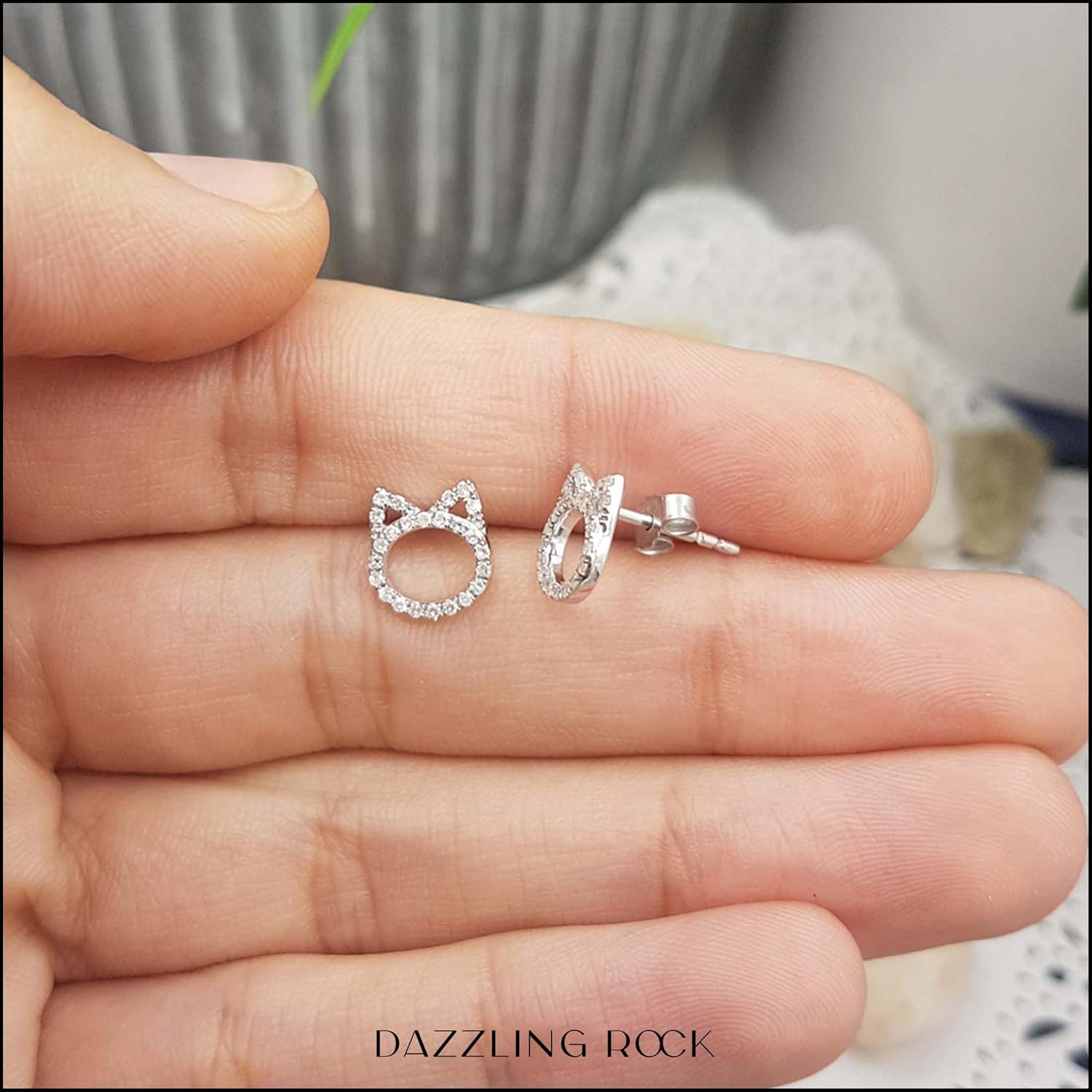 Dazzlingrock Collection 0.25 Ctw Natural Round White Diamond Kitty Cat Stud Earrings for Her in 925 Sterling Silver in Push Back