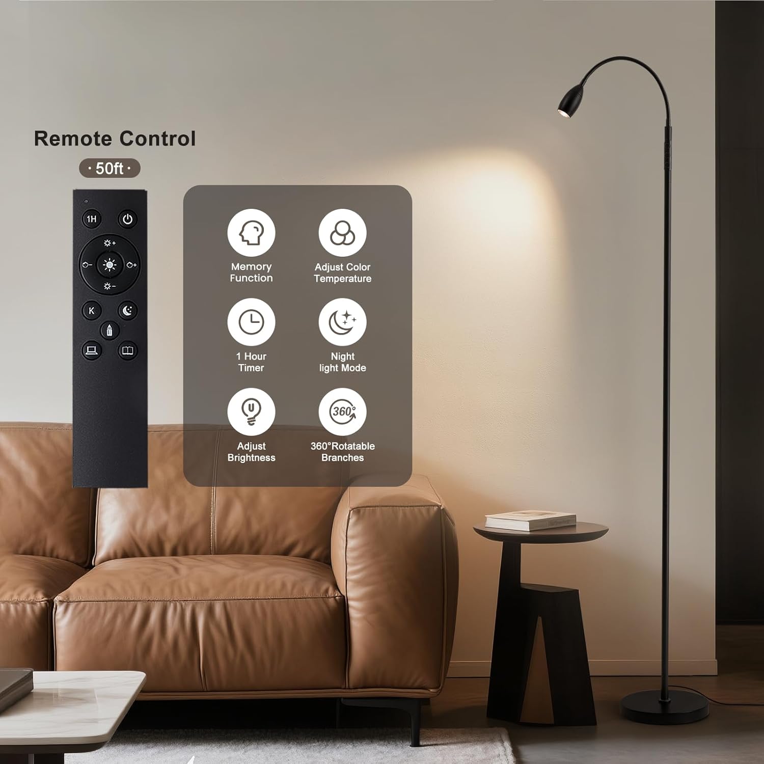 Reading Floor Lamp, Dimmable LED Floor Lamp with Remote, Standing Lamp with Flexible Gooseneck, Zoomable Spotlight, Reading Light, Task Crafting Tall Lamps for Living Room Office Bedroom