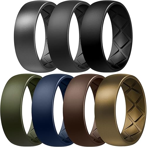 Egnaro Silicone Ring Men, Inner Arc Ergonomic Breathable Design Mens Rubber Wedding Band with Half Sizes, 7 Rings / 4 Rings / 1 Ring Engagement Bands Promise Rings, 8mm Wide - 2.5mm Thick