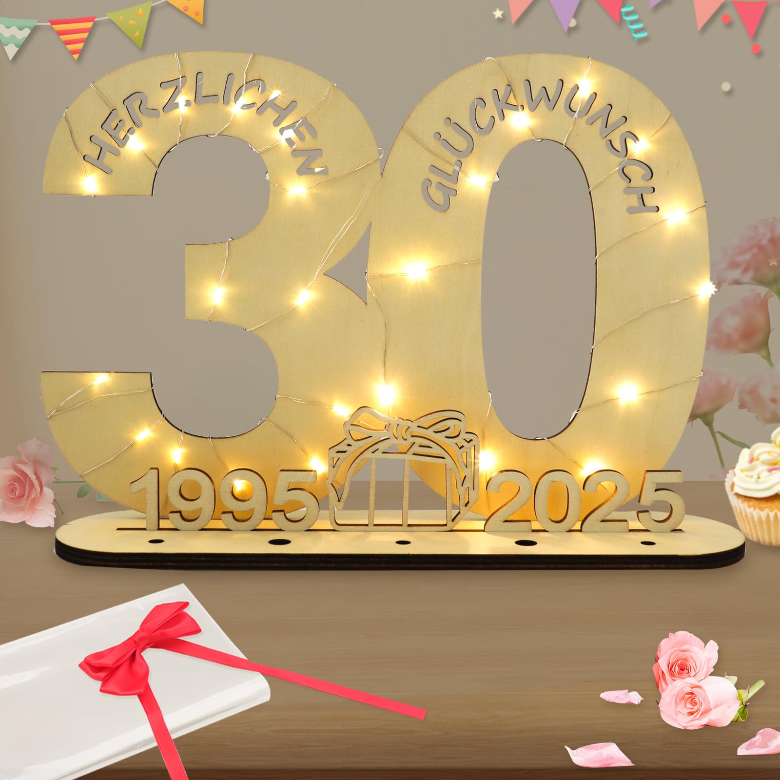 Seutgjie Deko 30 Geburtstag Frau Mann, Geldgeschenke Geburtstag 30 Originelle Holz Schild Gästebuch mit LED Lichterkette für Männer Frauen Perlenhochzeit Jubiläum Tischdeko 1995-2025