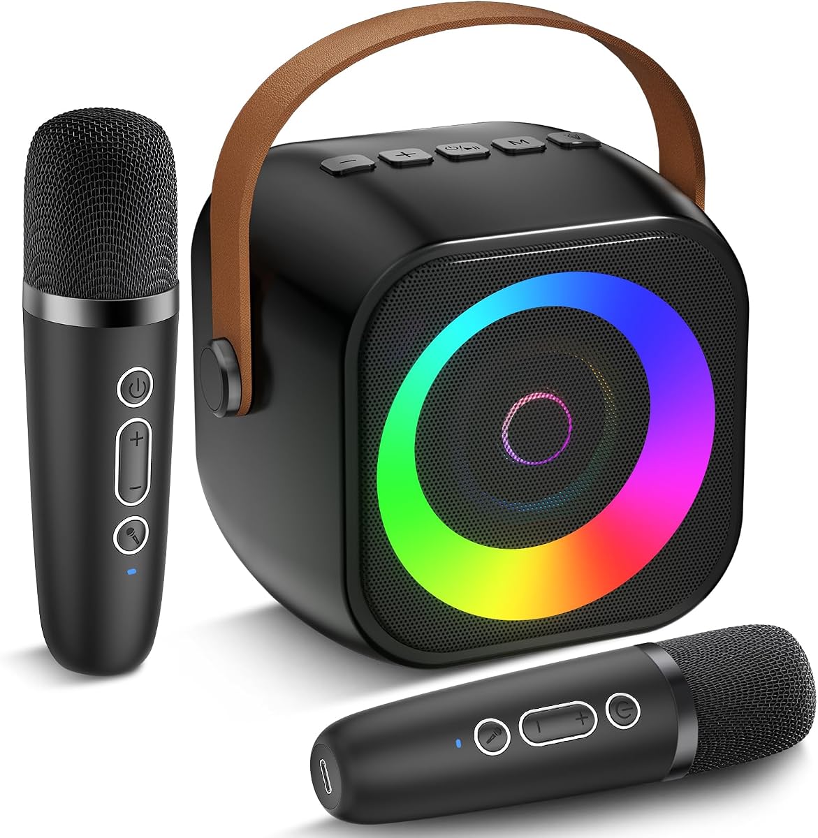 Mini máquina de karaoke, altavoz Bluetooth portátil con 2 micrófonos inalámbricos para niños y adultos, micrófono de karaoke con luces LED, regalos para niñas y niños