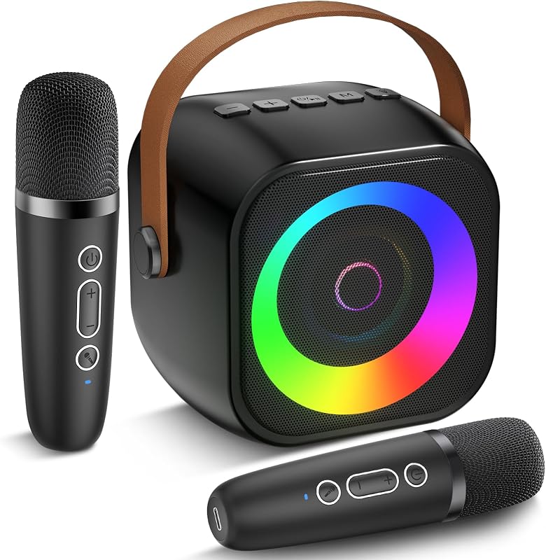 Mini máquina de karaoke, parlante Bluetooth portátil con 2 micrófonos inalámbricos para niños y adultos, micrófono de karaoke con luces LED, regalos para niñas y niños