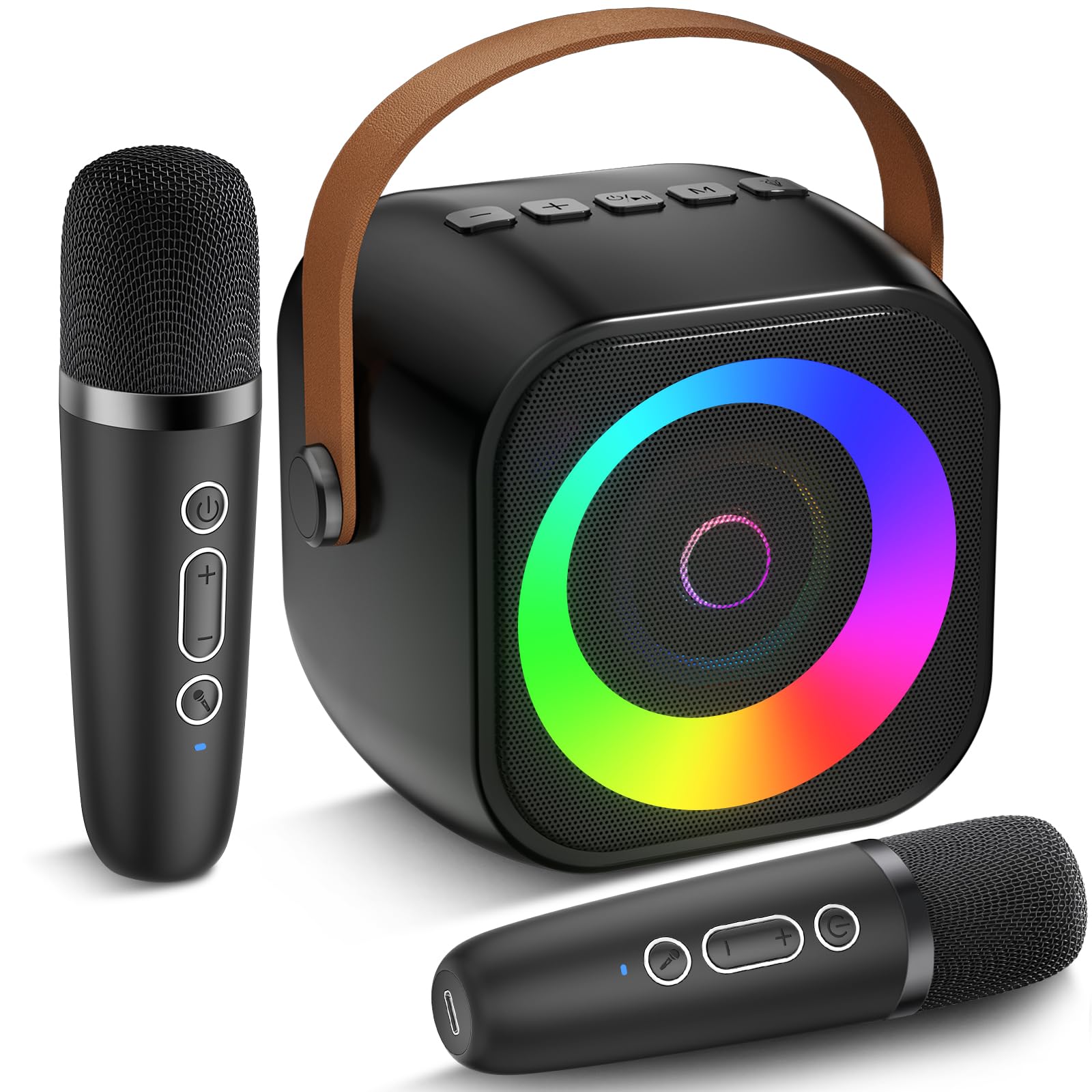 Mini Karaoke Machine, Portable Bluetooth Speaker with 2 Wireless Microphones for Kids & Adults, Karaoke Microphone with LED Lights, Gifts for Girls & Boys