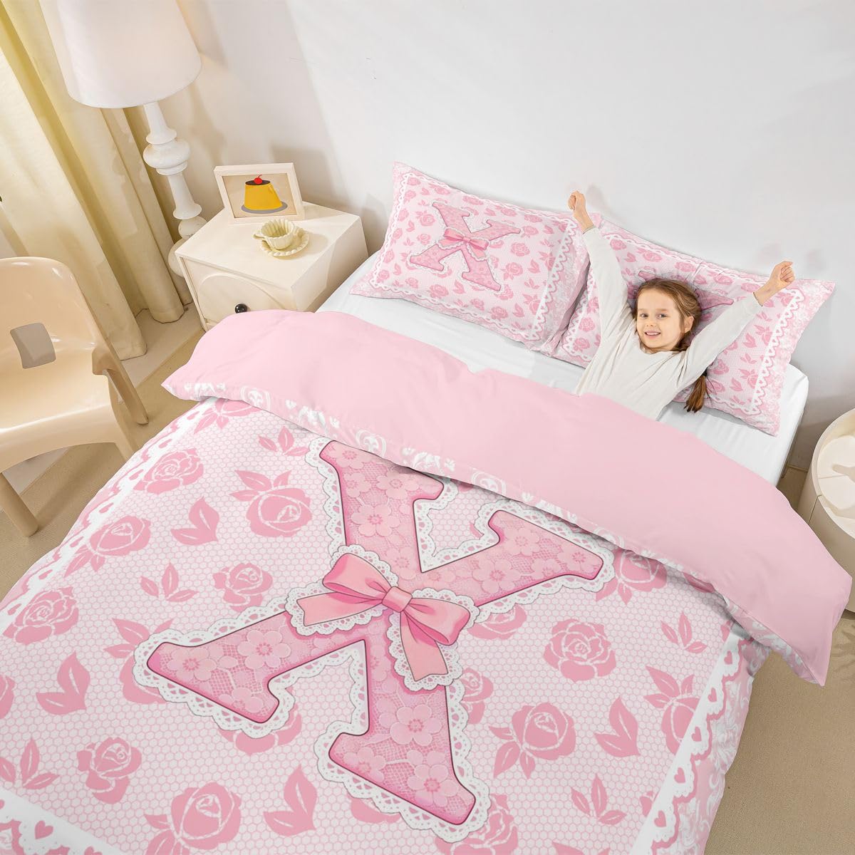 Homewish Homwish adamaszek inicjał litera X kokarda różowa podwójna pościel koronka kwiaty róża poszewka na kołdrę zestaw dziewczęca księżniczka poszewka na kołdrę kokarda estetyczna ciepła miękka