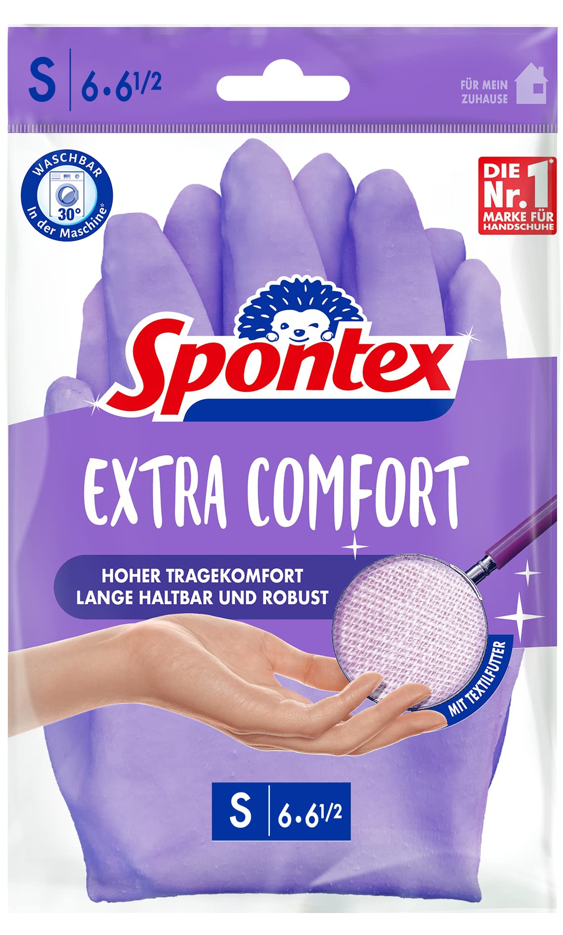 Spontex Guantes para el hogar extra cómodos con forro textil suave, ideales para todos los trabajos de limpieza del hogar, lavables a 30 °C, talla S (6-6, 5), 1 par, color morado, S (1 par)