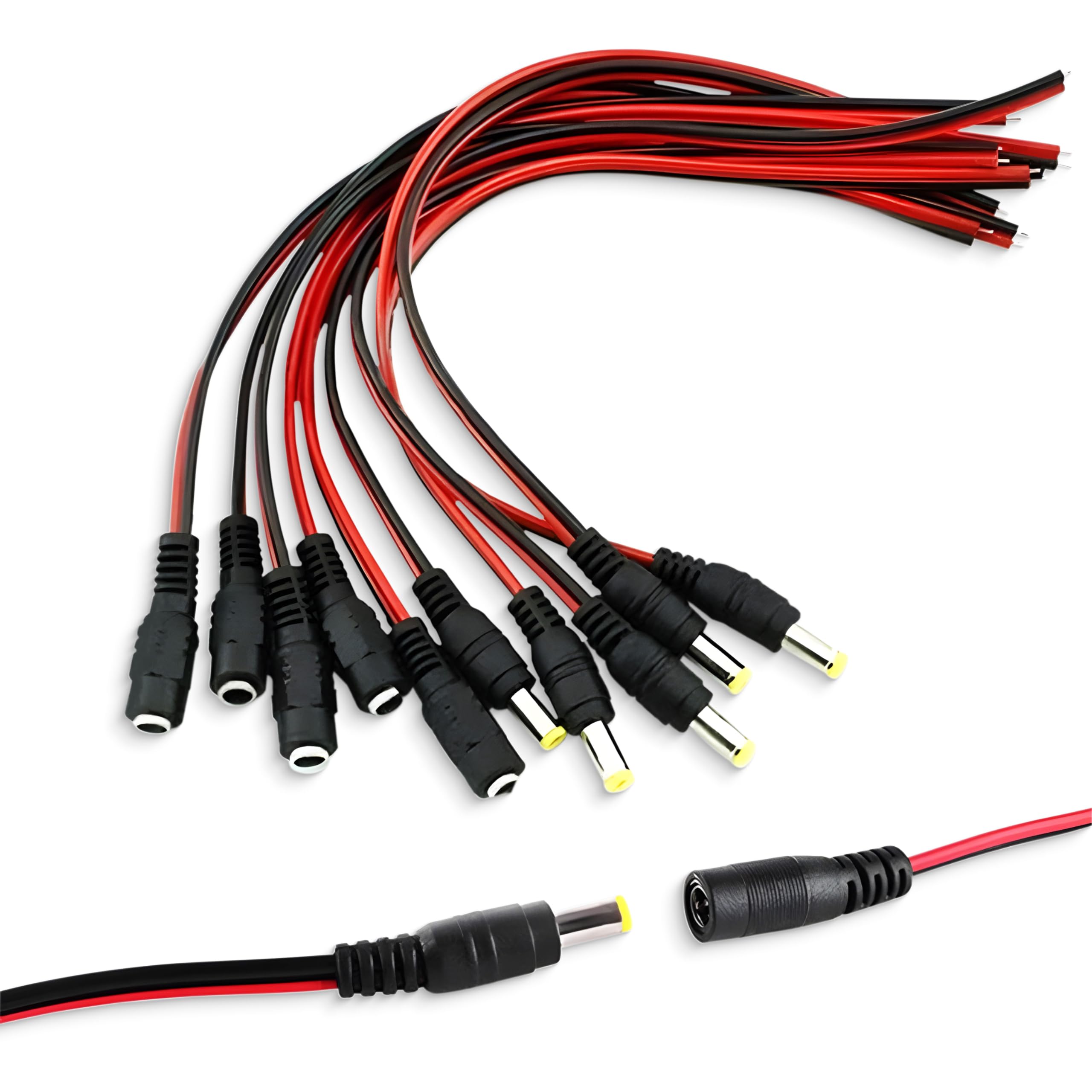 JUKR Pigtail DC/AC Male & Female Connector Cables 18 AWG Extension Cord Ideal for CCTV Home Security Camera Power Supply, 12V Power Supply Adapter Jack Connectors for Service Centers (10 Pairs)