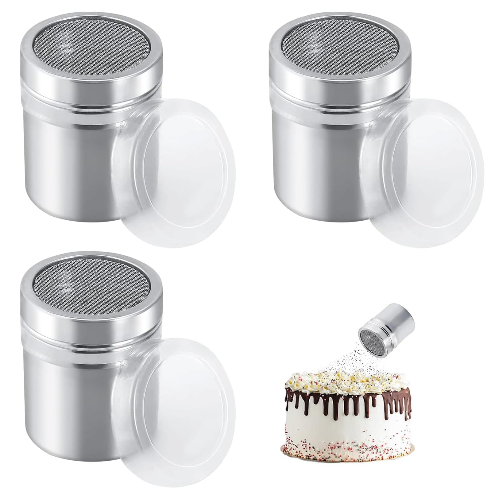 3Pcs Salt Shaker, Flour Shaker 8X6.5cm Icing Sugar Shaker with Cover, Chocolate Powder Shaker Suitable for Kitchen Drinks Baking