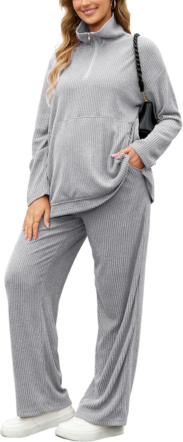 GINKANA Maternity 2 Piece Outfits Sweatsuits Zip Sweatshirt Wide Leg Pants